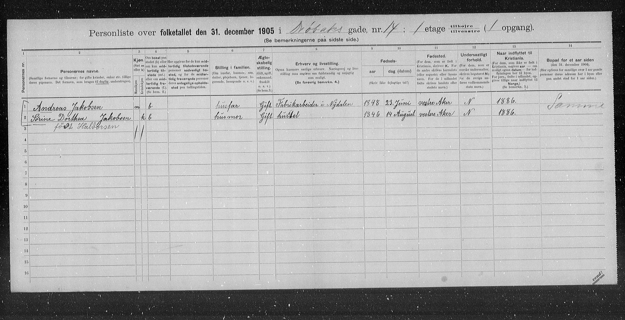 OBA, Municipal Census 1905 for Kristiania, 1905, p. 9097