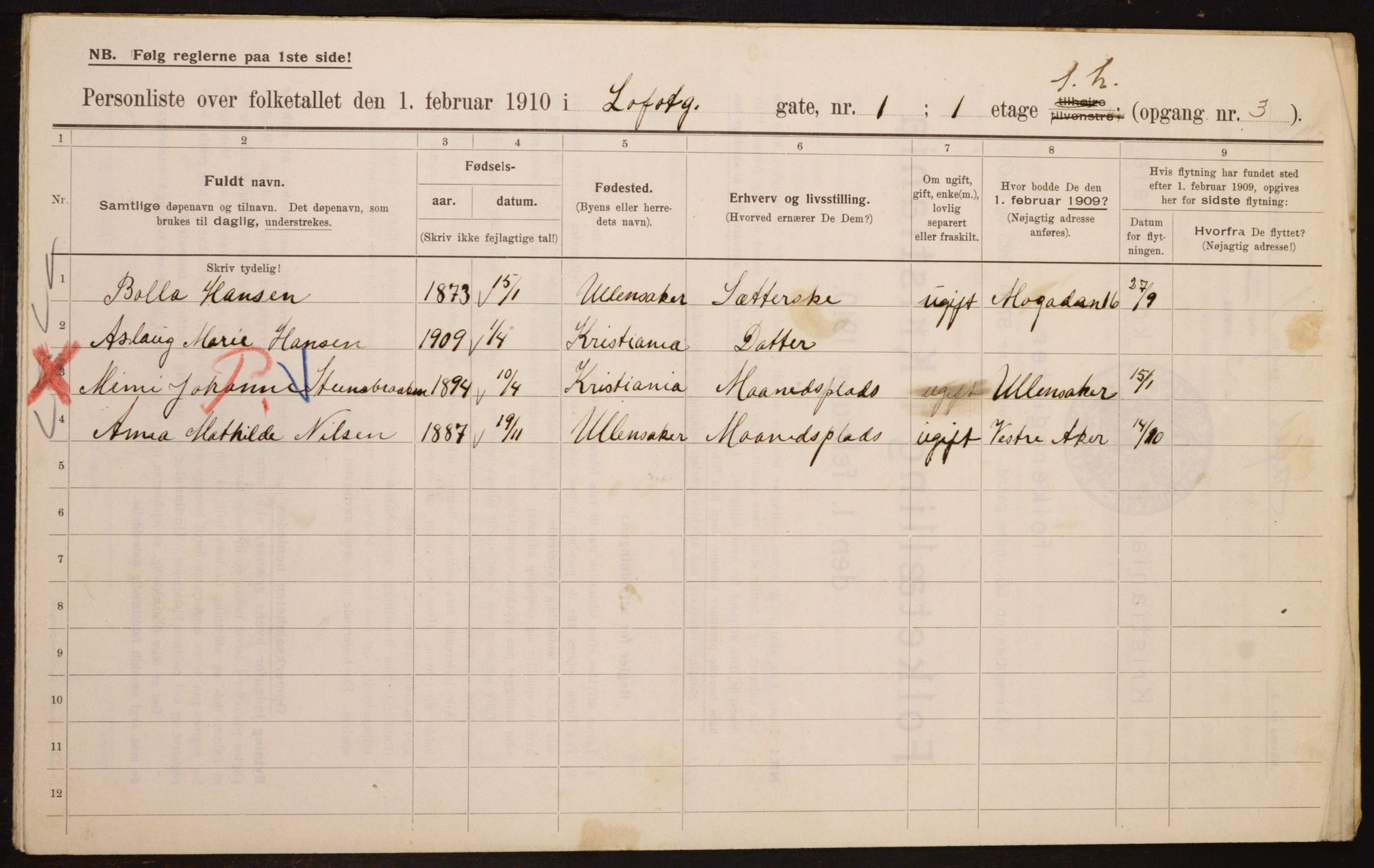 OBA, Municipal Census 1910 for Kristiania, 1910, p. 56342