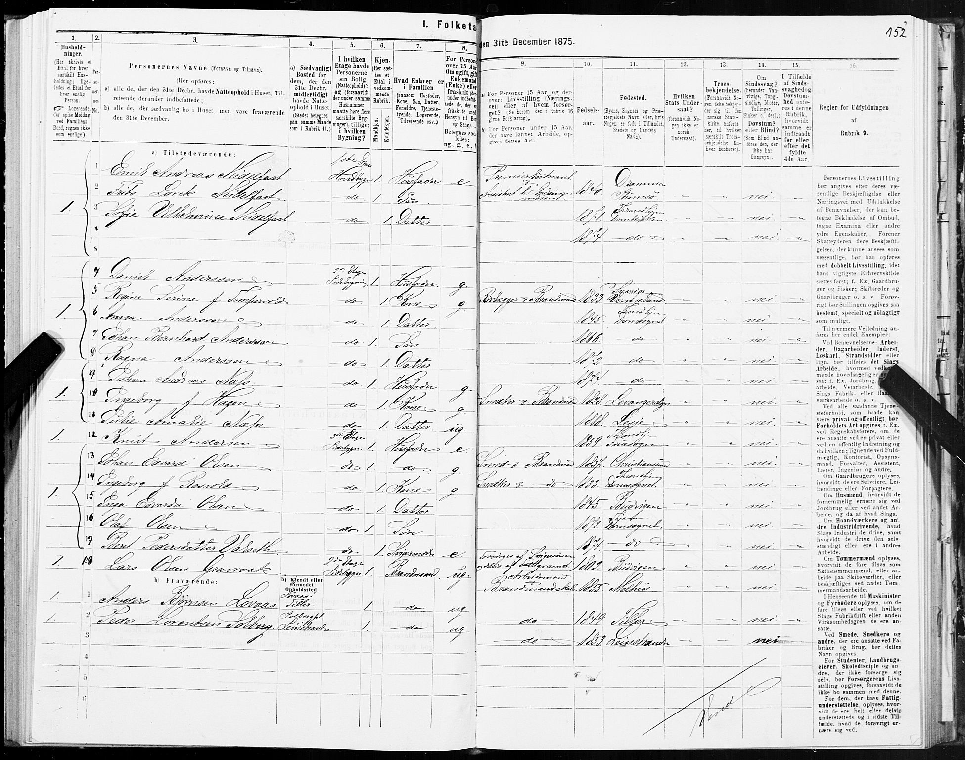 SAT, 1875 census for 1601 Trondheim, 1875, p. 3152