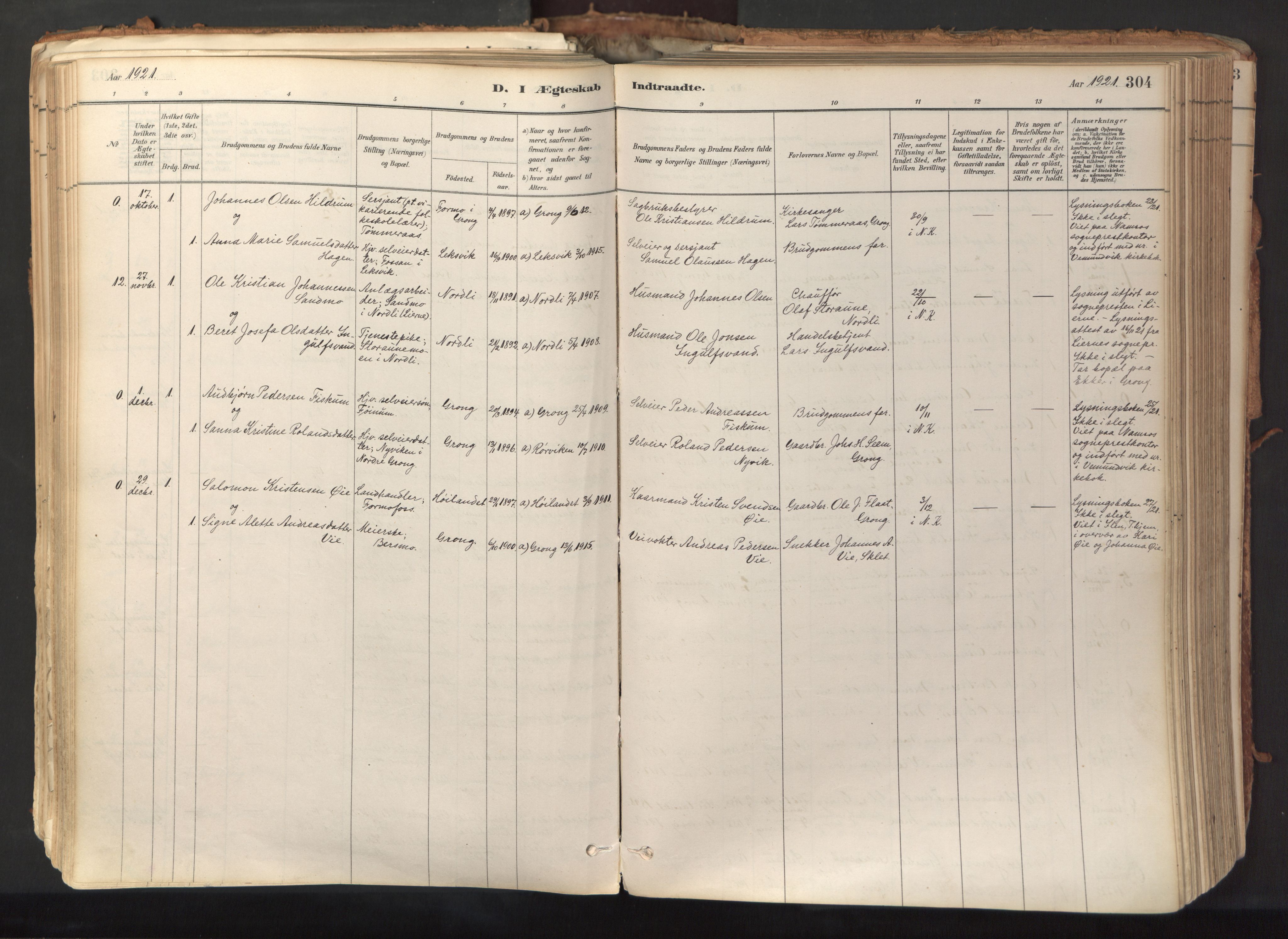 Ministerialprotokoller, klokkerbøker og fødselsregistre - Nord-Trøndelag, SAT/A-1458/758/L0519: Parish register (official) no. 758A04, 1880-1926, p. 304