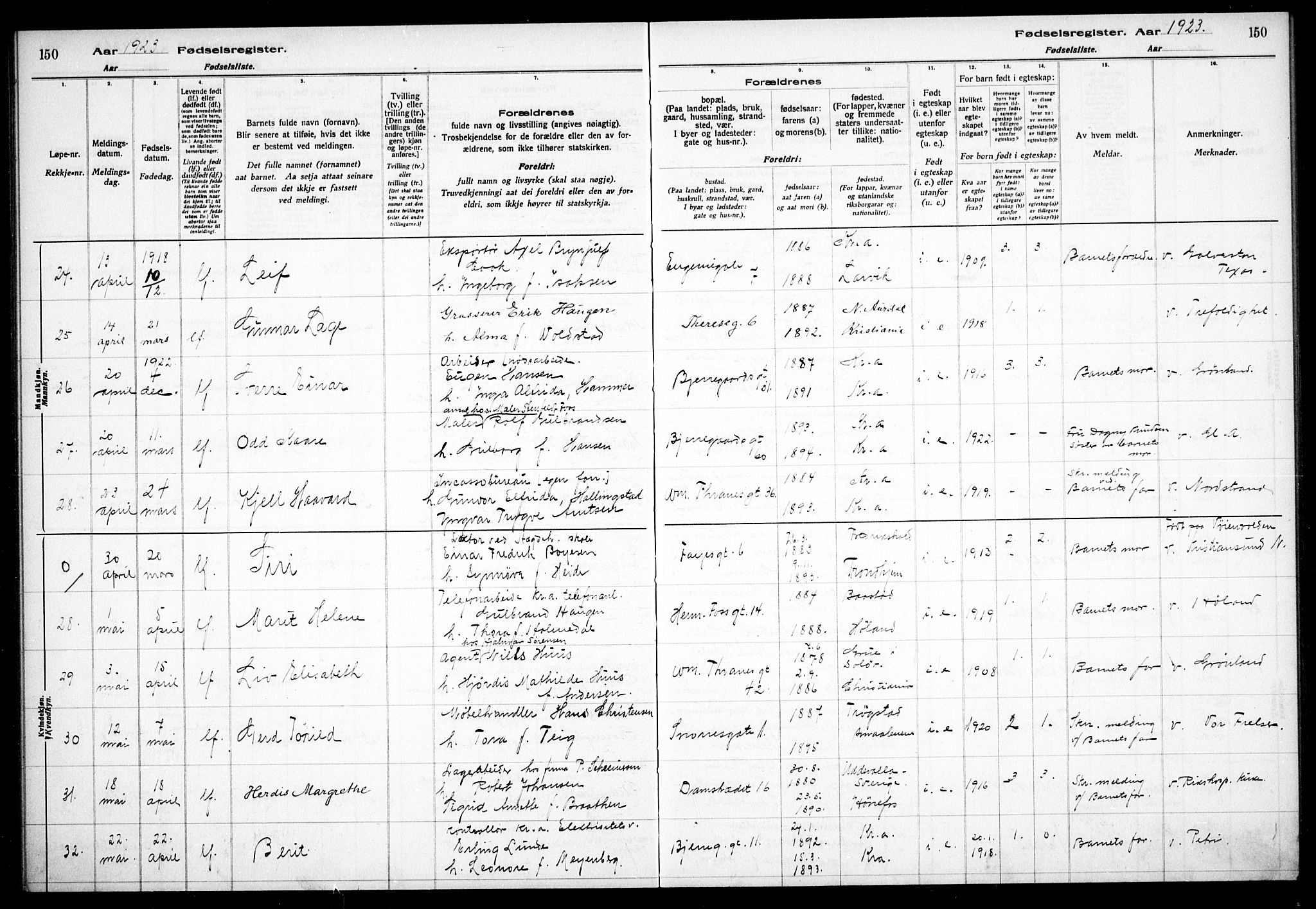 Gamle Aker prestekontor Kirkebøker, AV/SAO-A-10617a/J/L0001: Birth register no. 1, 1916-1927, p. 150
