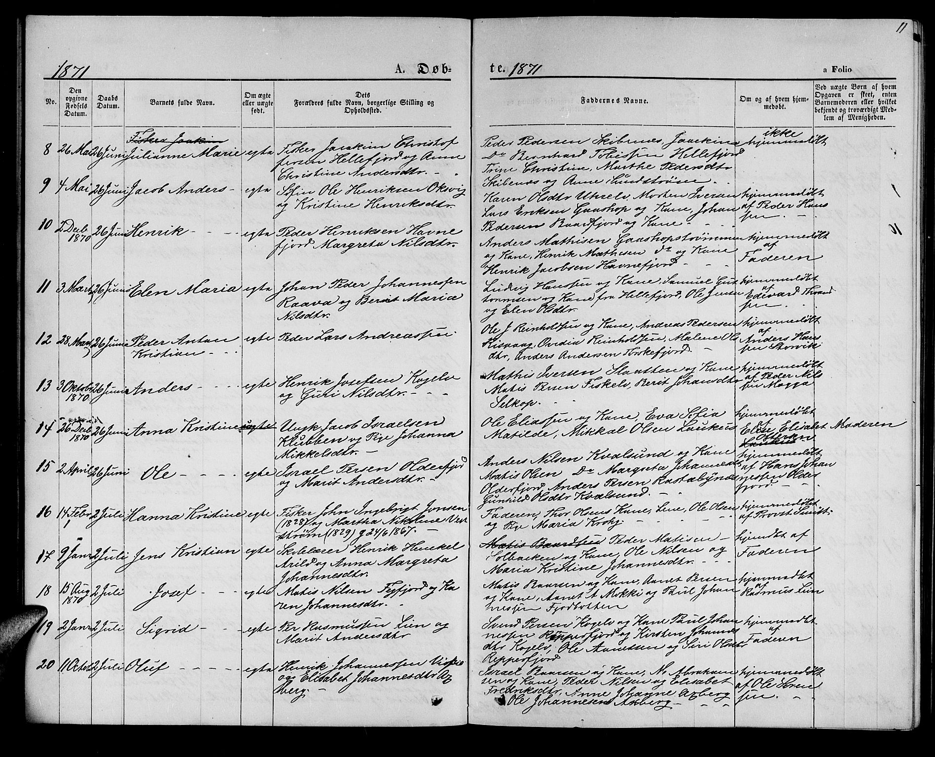 Hammerfest sokneprestkontor, SATØ/S-1347/H/Hb/L0005.klokk: Parish register (copy) no. 5, 1869-1884, p. 11