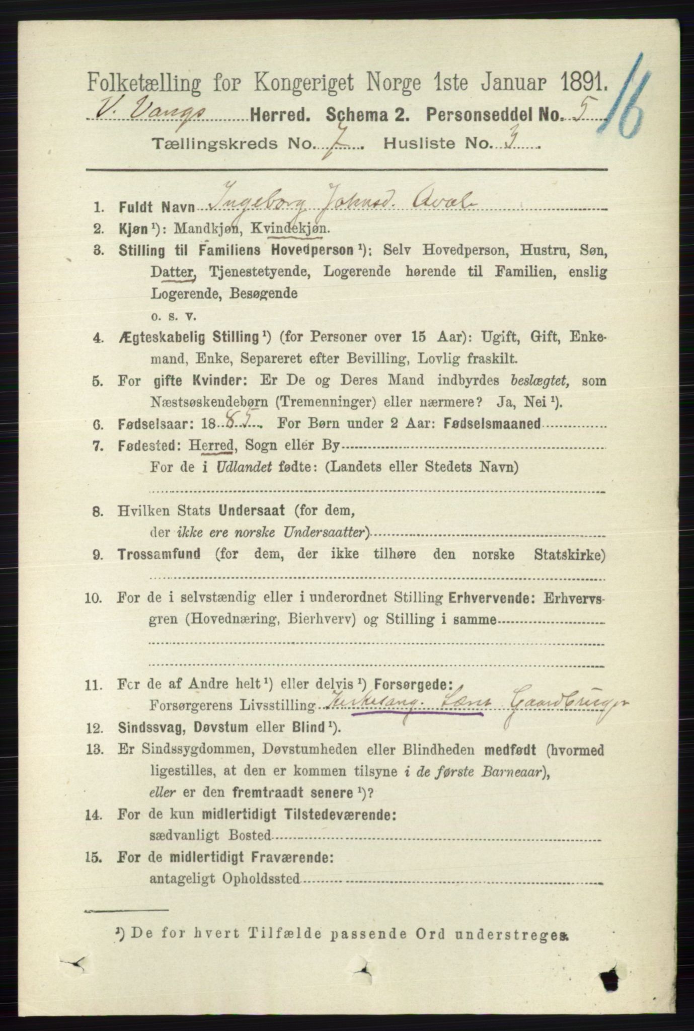 RA, 1891 census for 0545 Vang, 1891, p. 1437