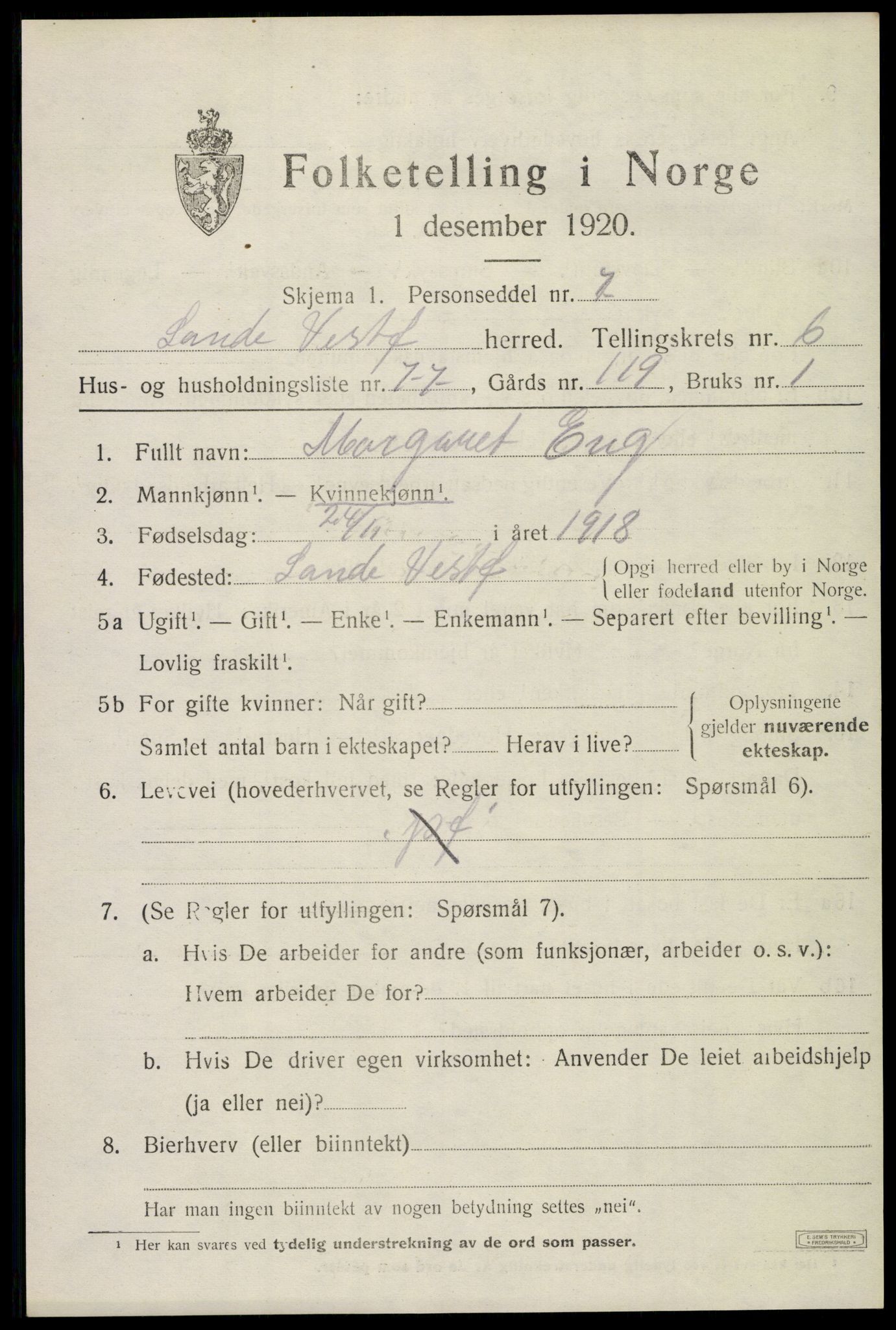 SAKO, 1920 census for Sande, 1920, p. 8068