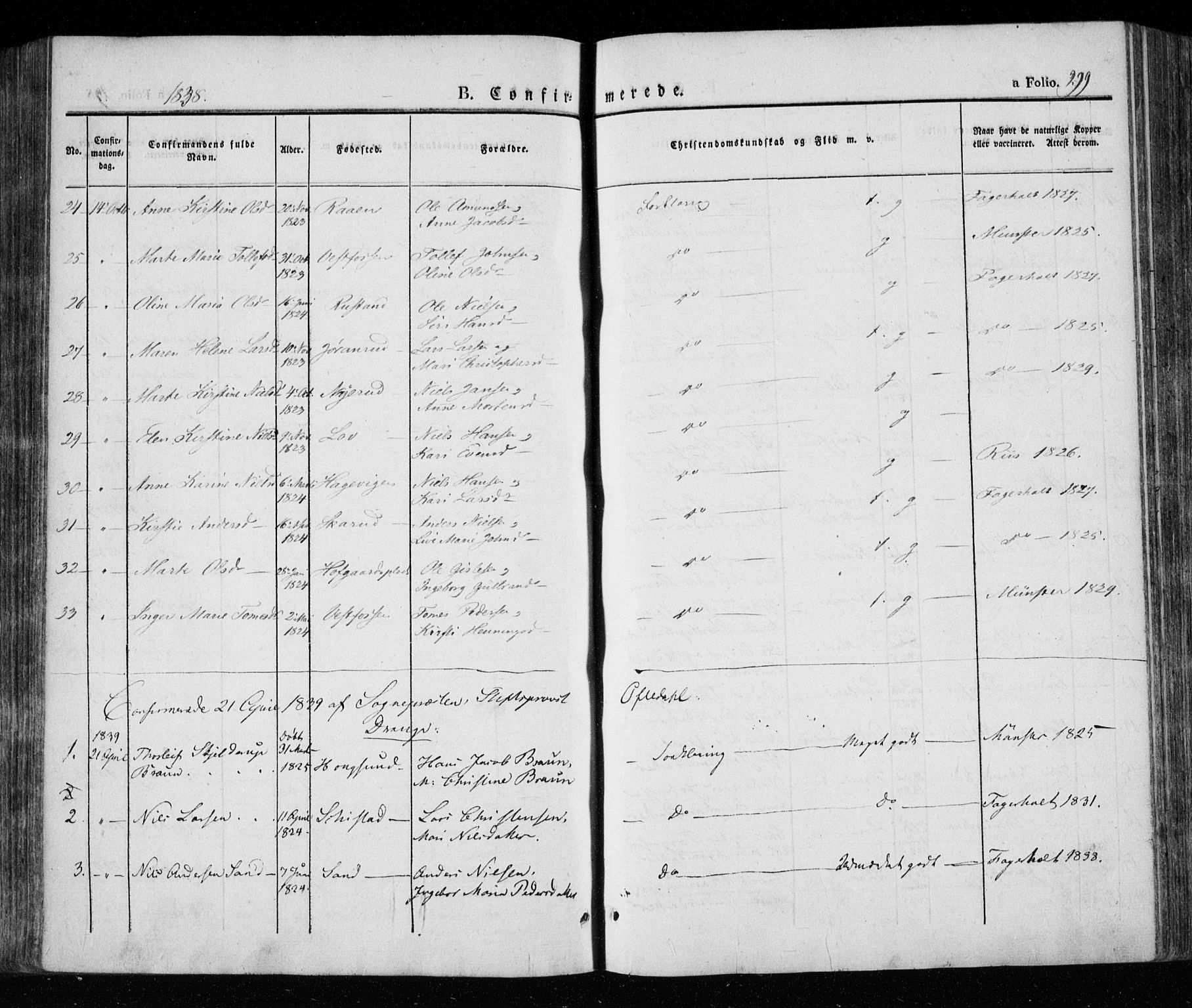 Eiker kirkebøker, SAKO/A-4/F/Fa/L0013a: Parish register (official) no. I 13A, 1832-1845, p. 299
