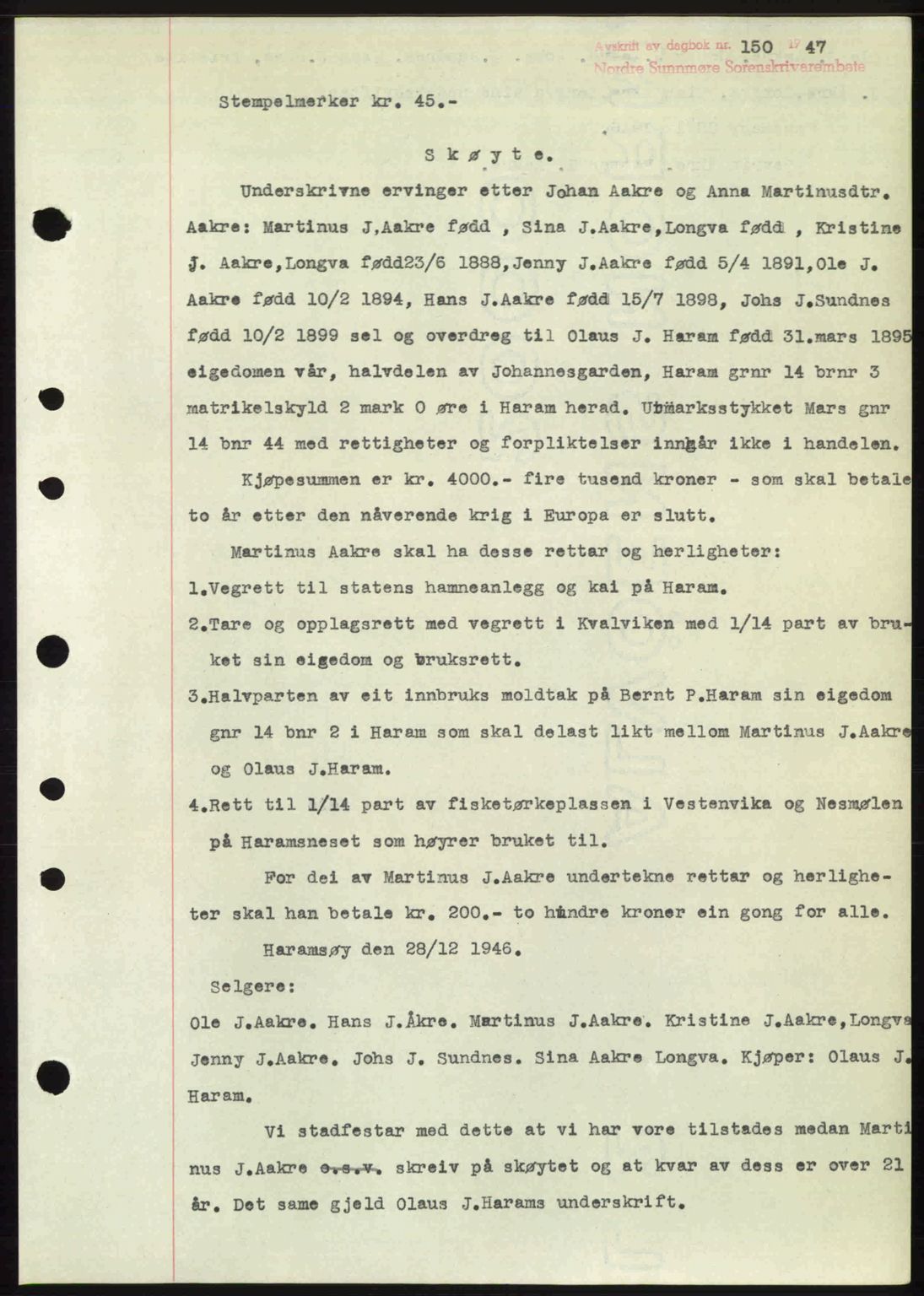 Nordre Sunnmøre sorenskriveri, AV/SAT-A-0006/1/2/2C/2Ca: Mortgage book no. A23, 1946-1947, Diary no: : 150/1947