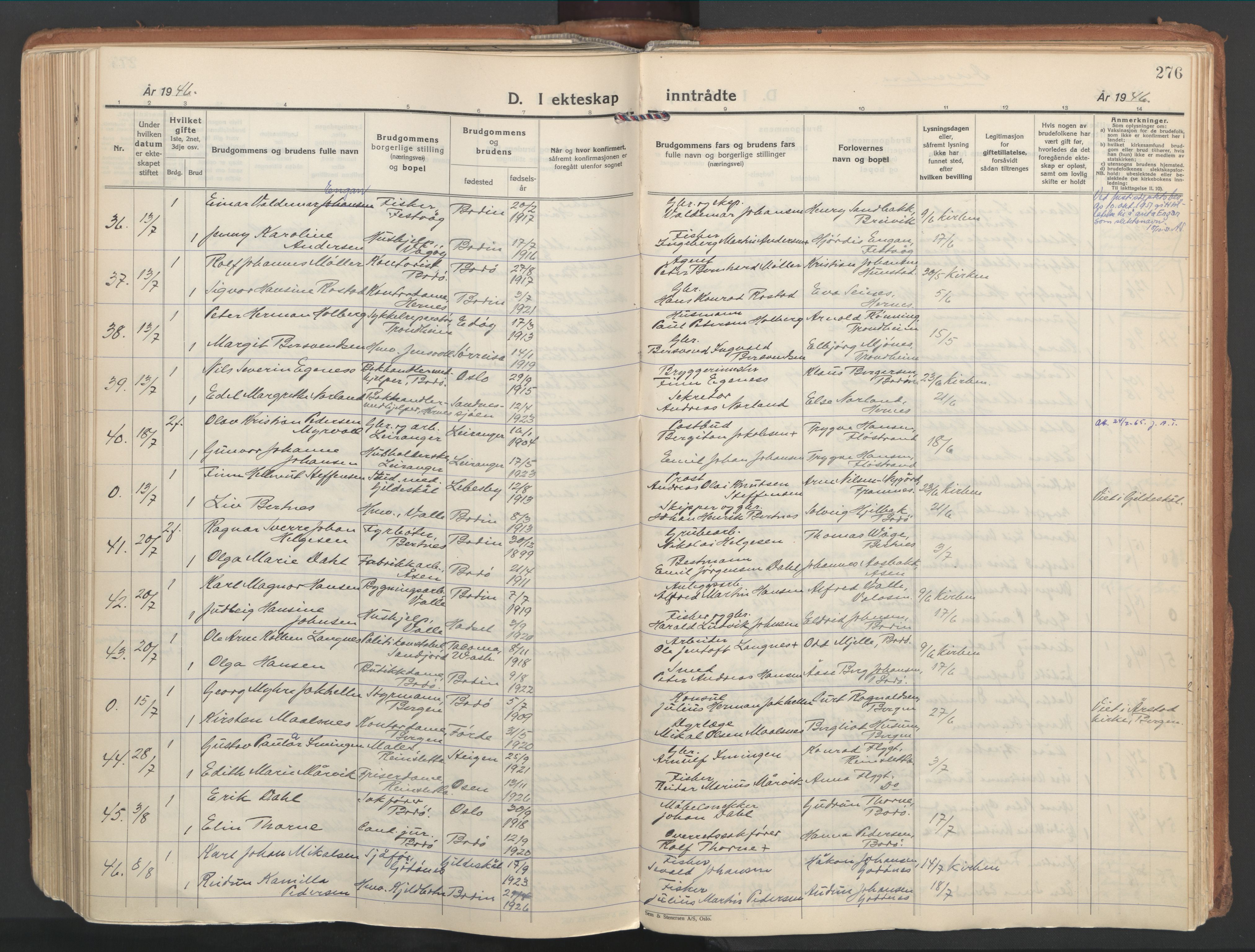 Ministerialprotokoller, klokkerbøker og fødselsregistre - Nordland, AV/SAT-A-1459/802/L0061: Parish register (official) no. 802A08, 1933-1946, p. 276