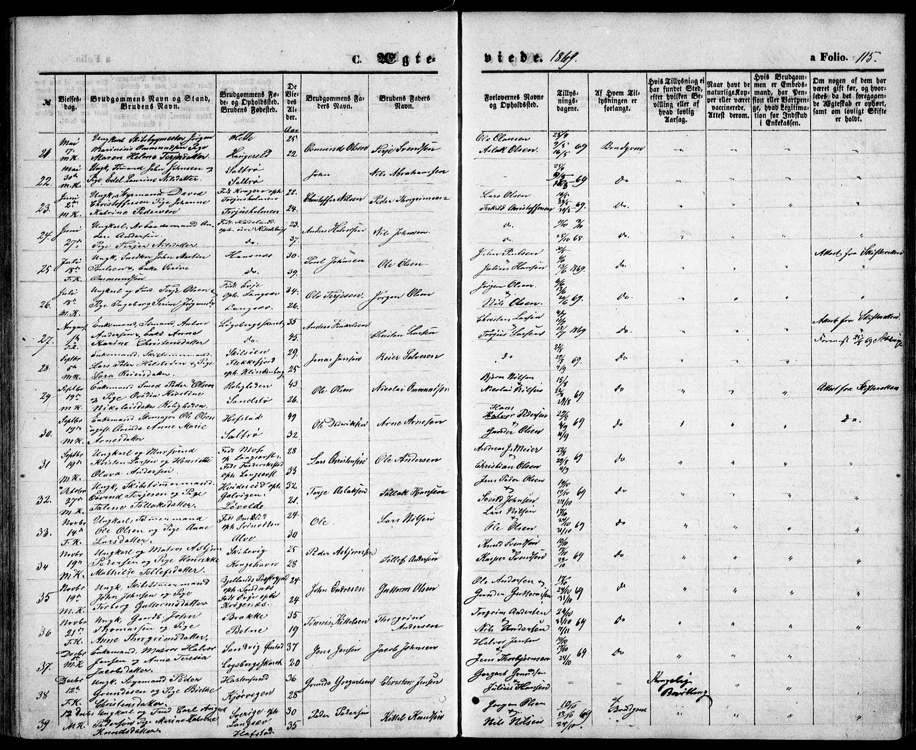 Tromøy sokneprestkontor, SAK/1111-0041/F/Fb/L0004: Parish register (copy) no. B 4, 1869-1877, p. 115