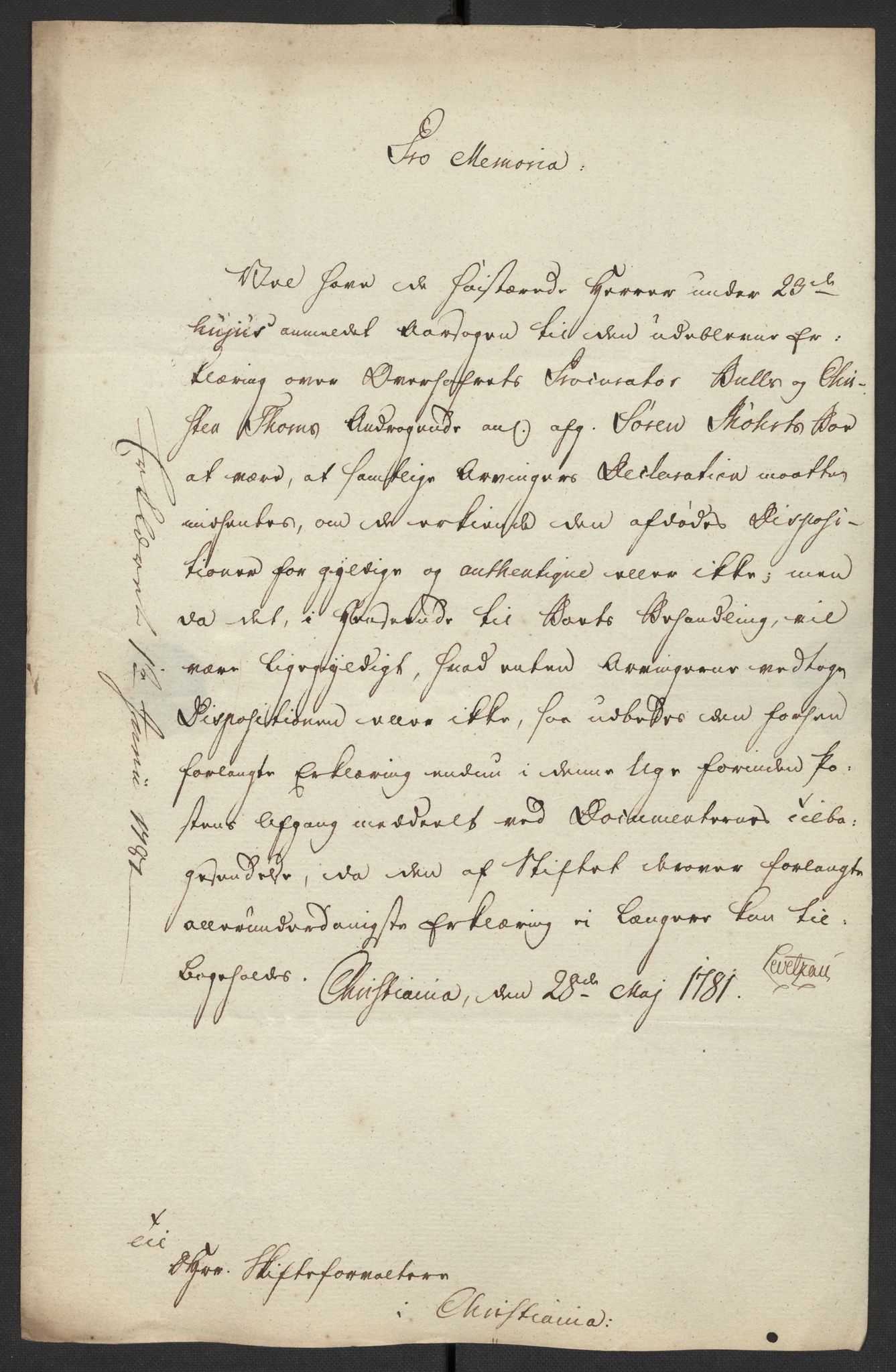Oslo politidistrikt, AV/SAO-A-10085/D/Da/L0003: Innkomne brev, pro memoria m.v., 1781, p. 32