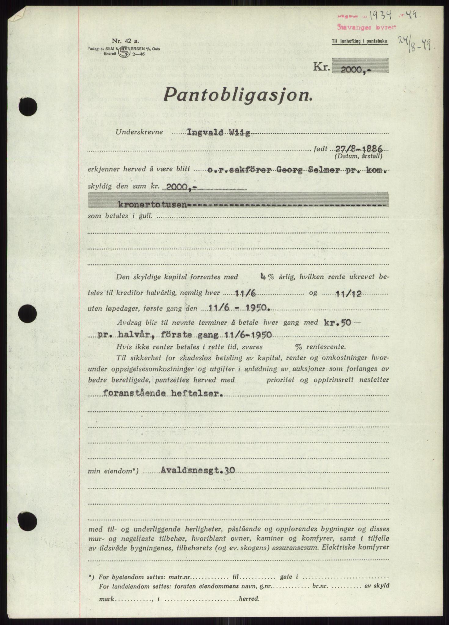 Stavanger byrett, SAST/A-100455/002/G/Gb/L0032: Mortgage book, 1947-1950, Diary no: : 1934/1949