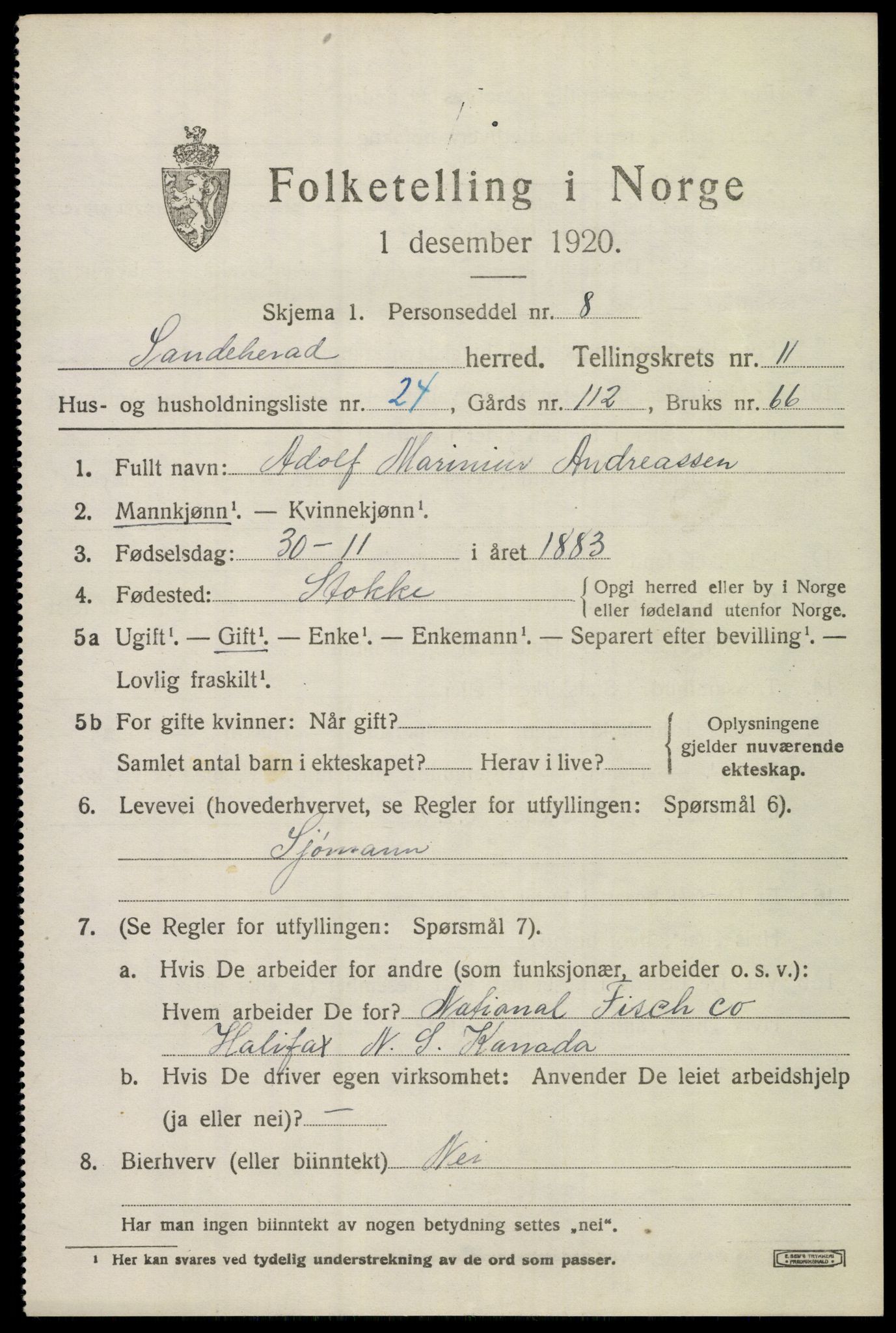 SAKO, 1920 census for Sandeherred, 1920, p. 15890