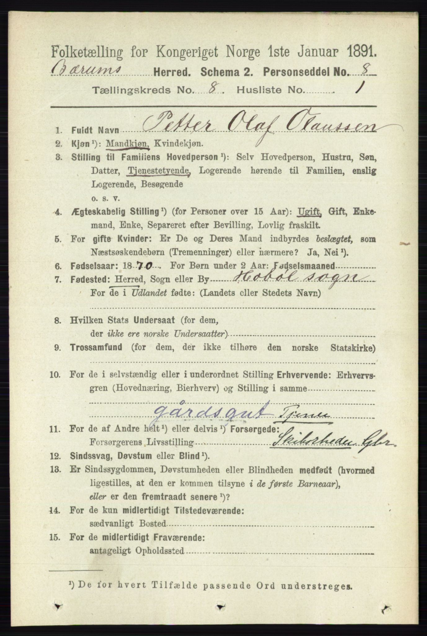 RA, 1891 census for 0219 Bærum, 1891, p. 4535