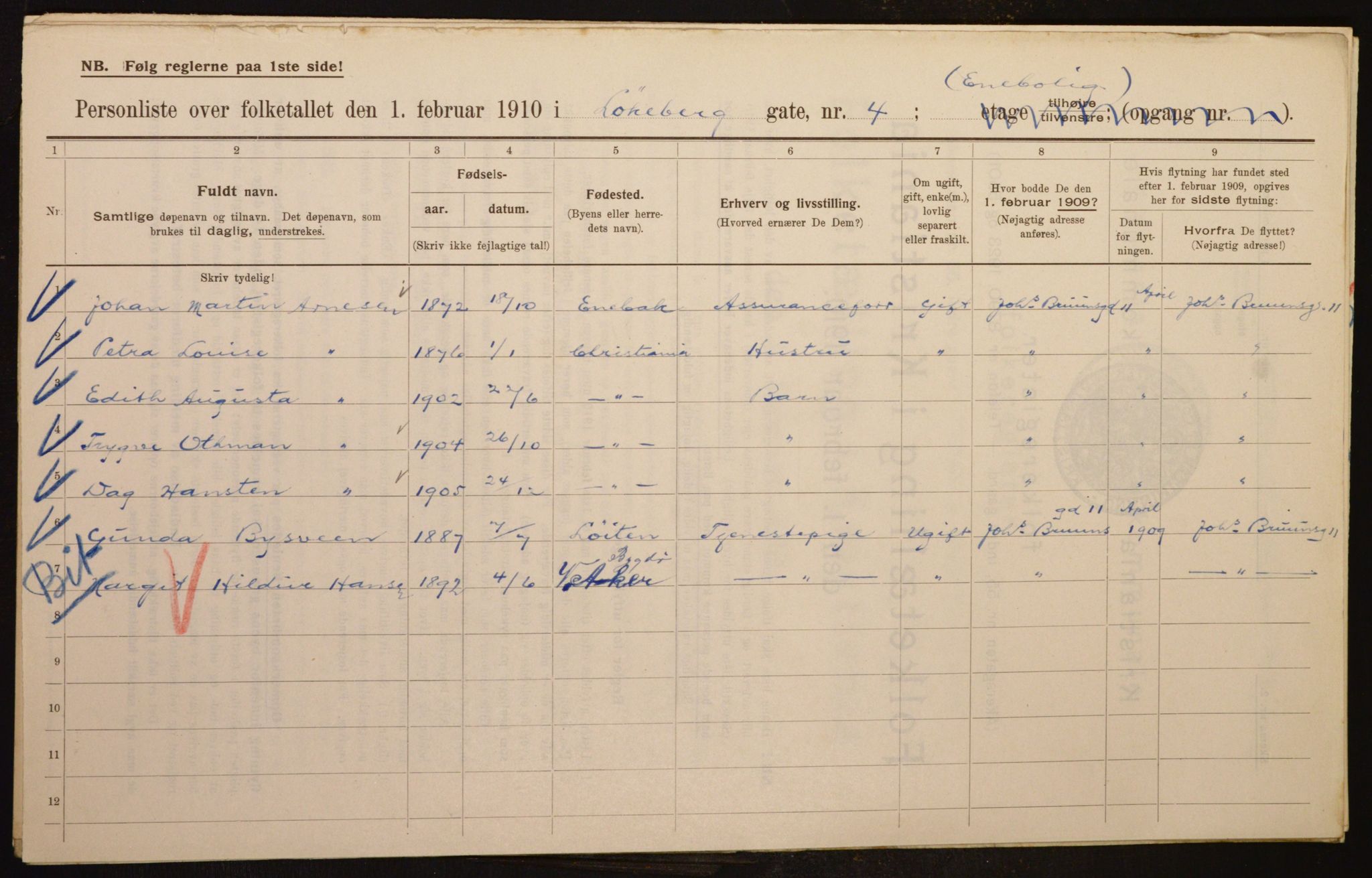 OBA, Municipal Census 1910 for Kristiania, 1910, p. 56552