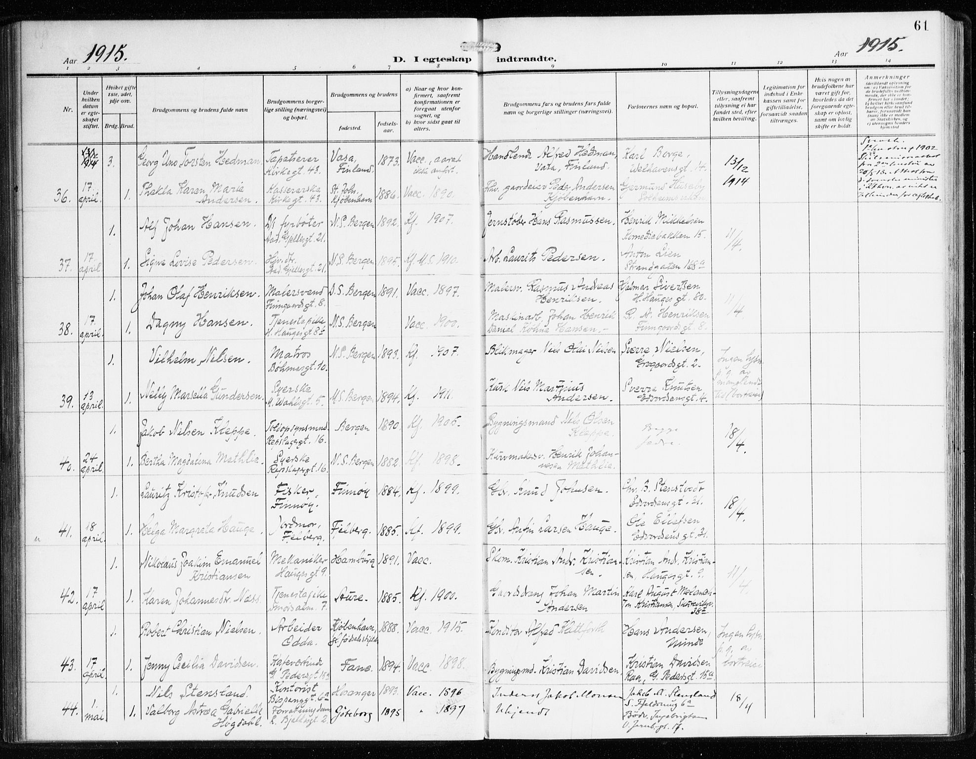 Sandviken Sokneprestembete, AV/SAB-A-77601/H/Ha/L0015: Parish register (official) no. D 2, 1911-1923, p. 61