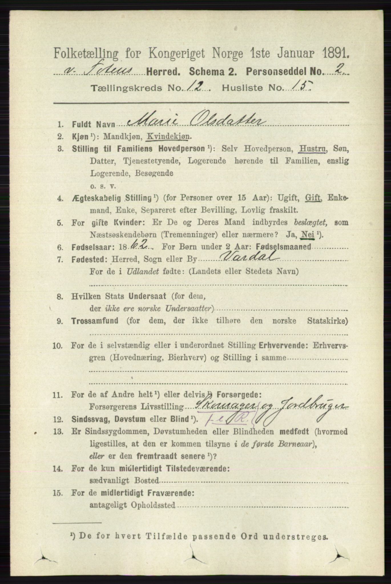 RA, 1891 census for 0529 Vestre Toten, 1891, p. 7367