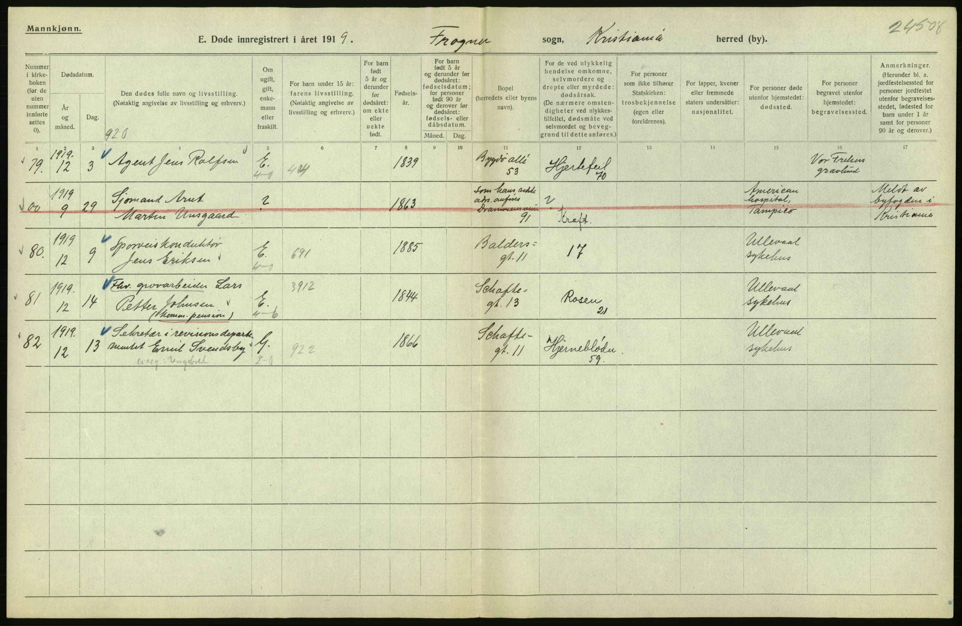 Statistisk sentralbyrå, Sosiodemografiske emner, Befolkning, AV/RA-S-2228/D/Df/Dfb/Dfbi/L0011: Kristiania: Døde, dødfødte, 1919