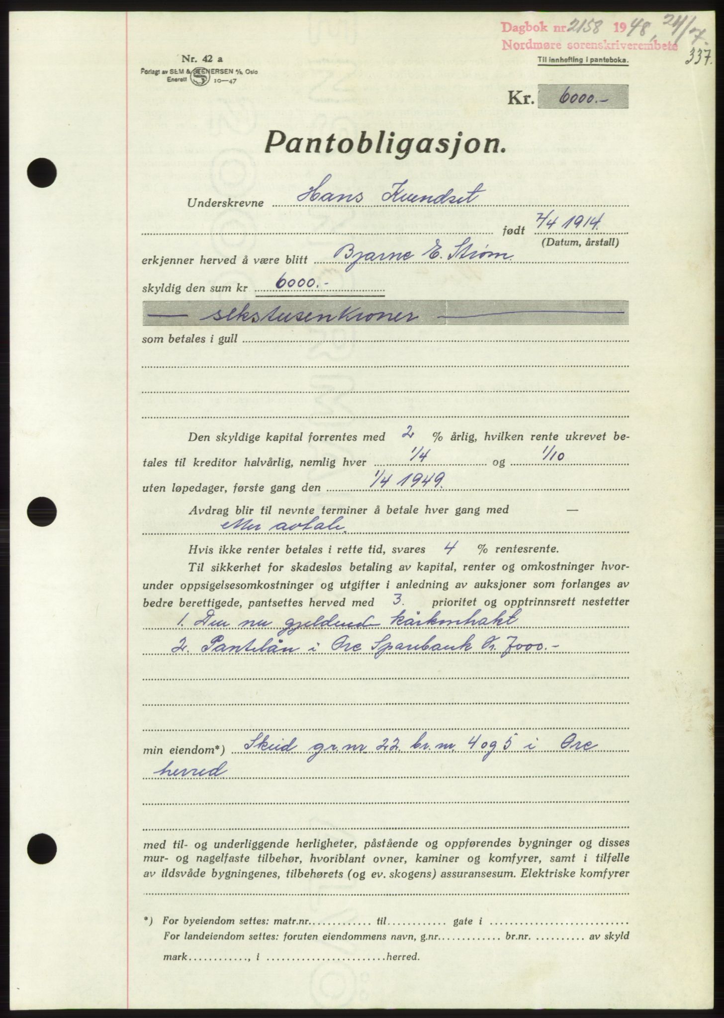 Nordmøre sorenskriveri, AV/SAT-A-4132/1/2/2Ca: Mortgage book no. B99, 1948-1948, Diary no: : 2158/1948