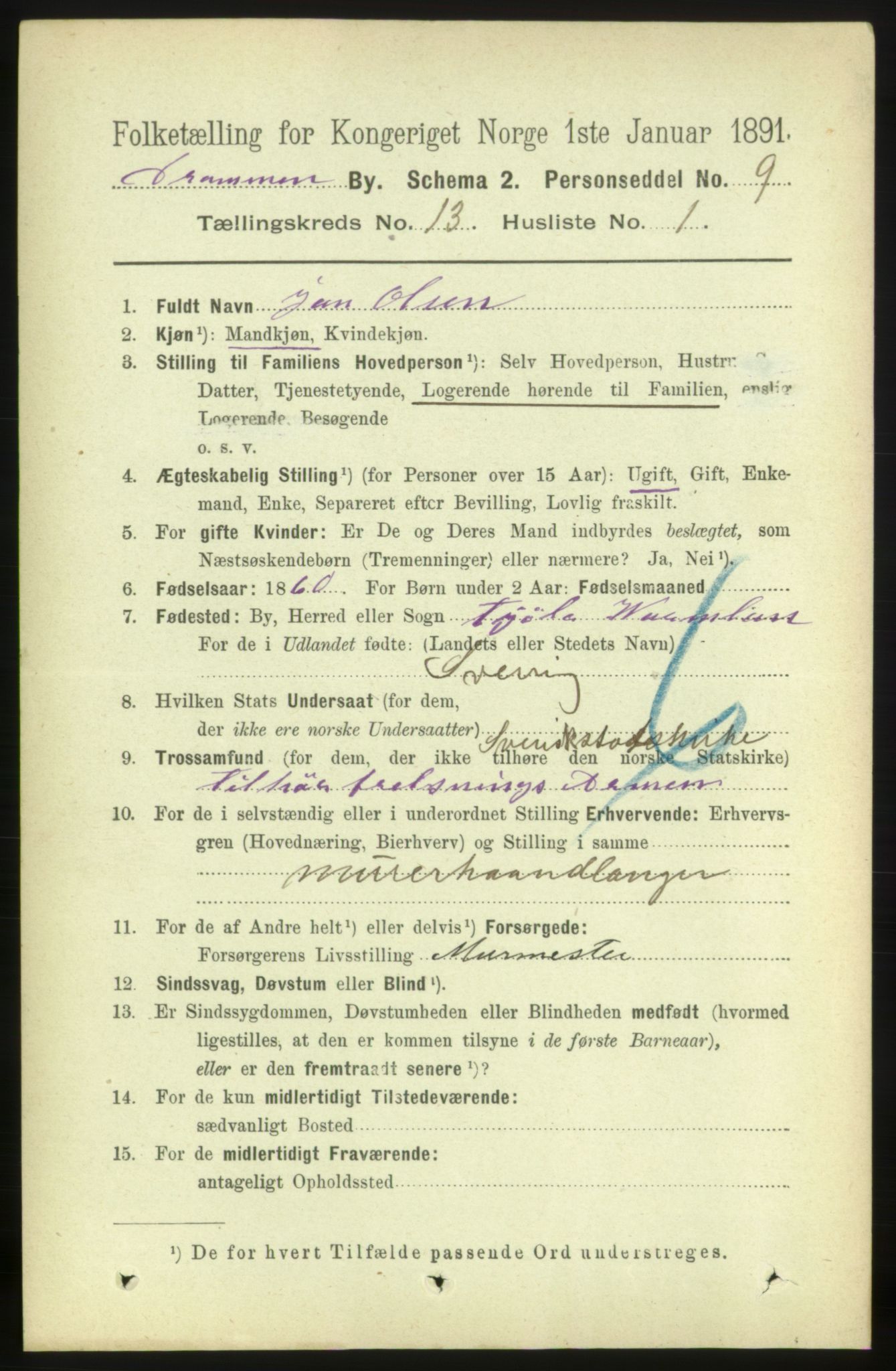 RA, 1891 census for 0602 Drammen, 1891, p. 9485