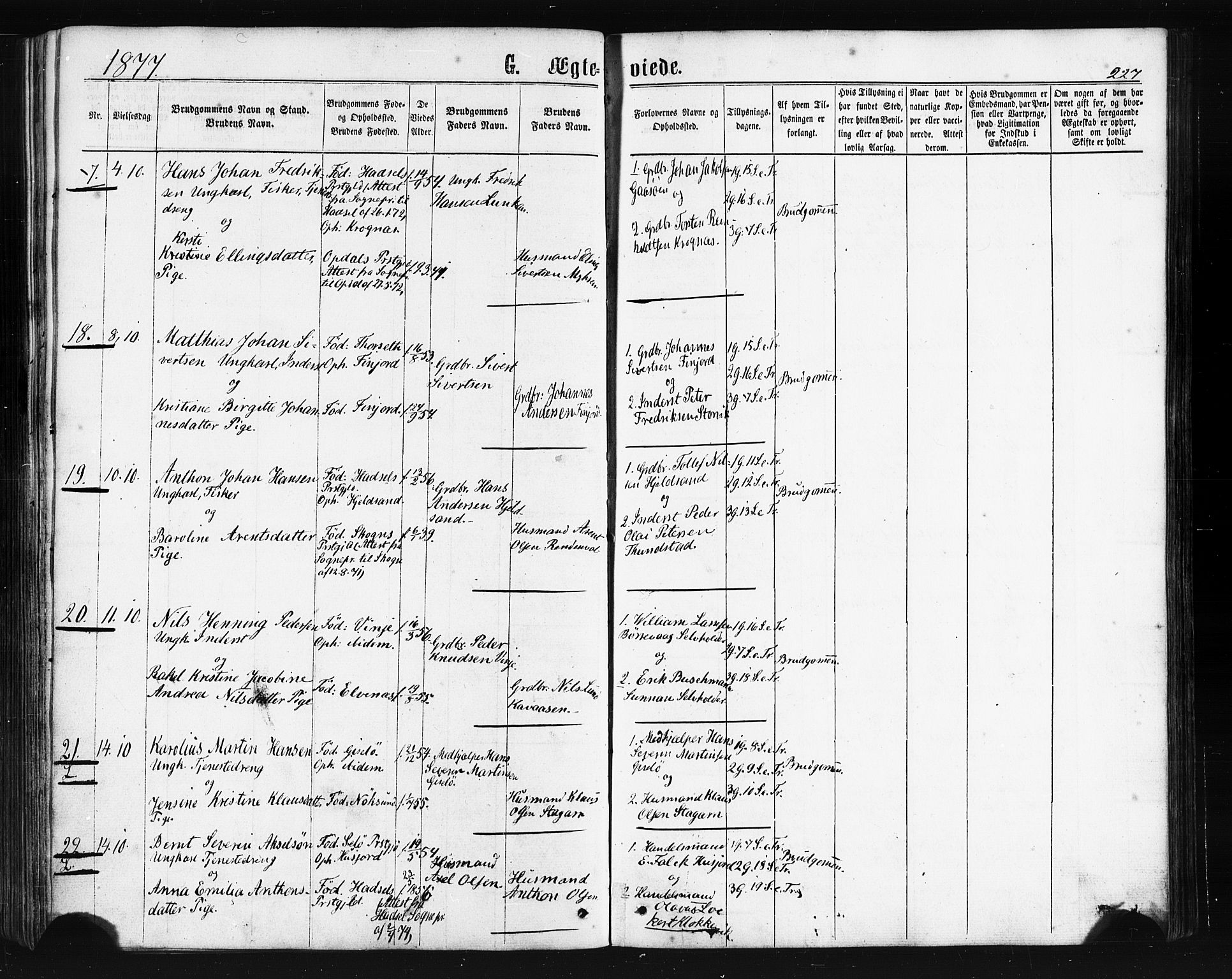 Ministerialprotokoller, klokkerbøker og fødselsregistre - Nordland, SAT/A-1459/893/L1334: Parish register (official) no. 893A07, 1867-1877, p. 227