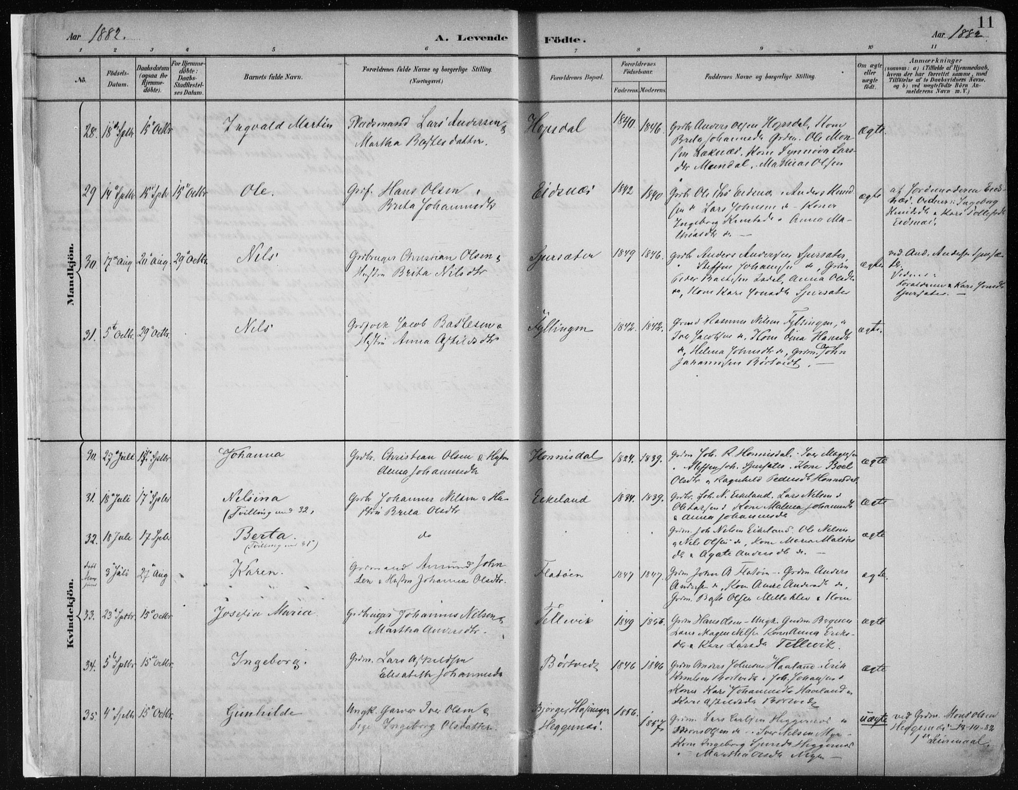 Hamre sokneprestembete, AV/SAB-A-75501/H/Ha/Haa/Haab/L0001: Parish register (official) no. B  1, 1882-1905, p. 11