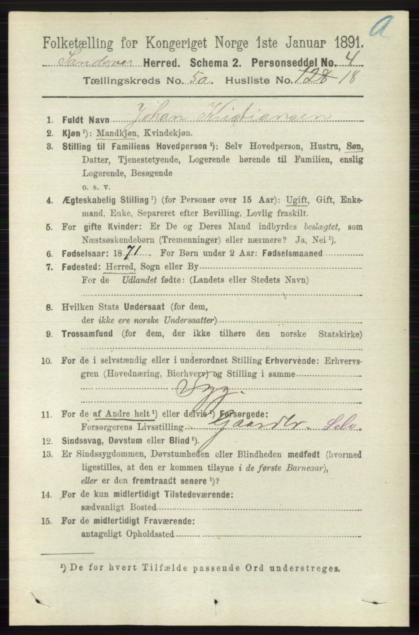 RA, 1891 census for 0629 Sandsvær, 1891, p. 2586