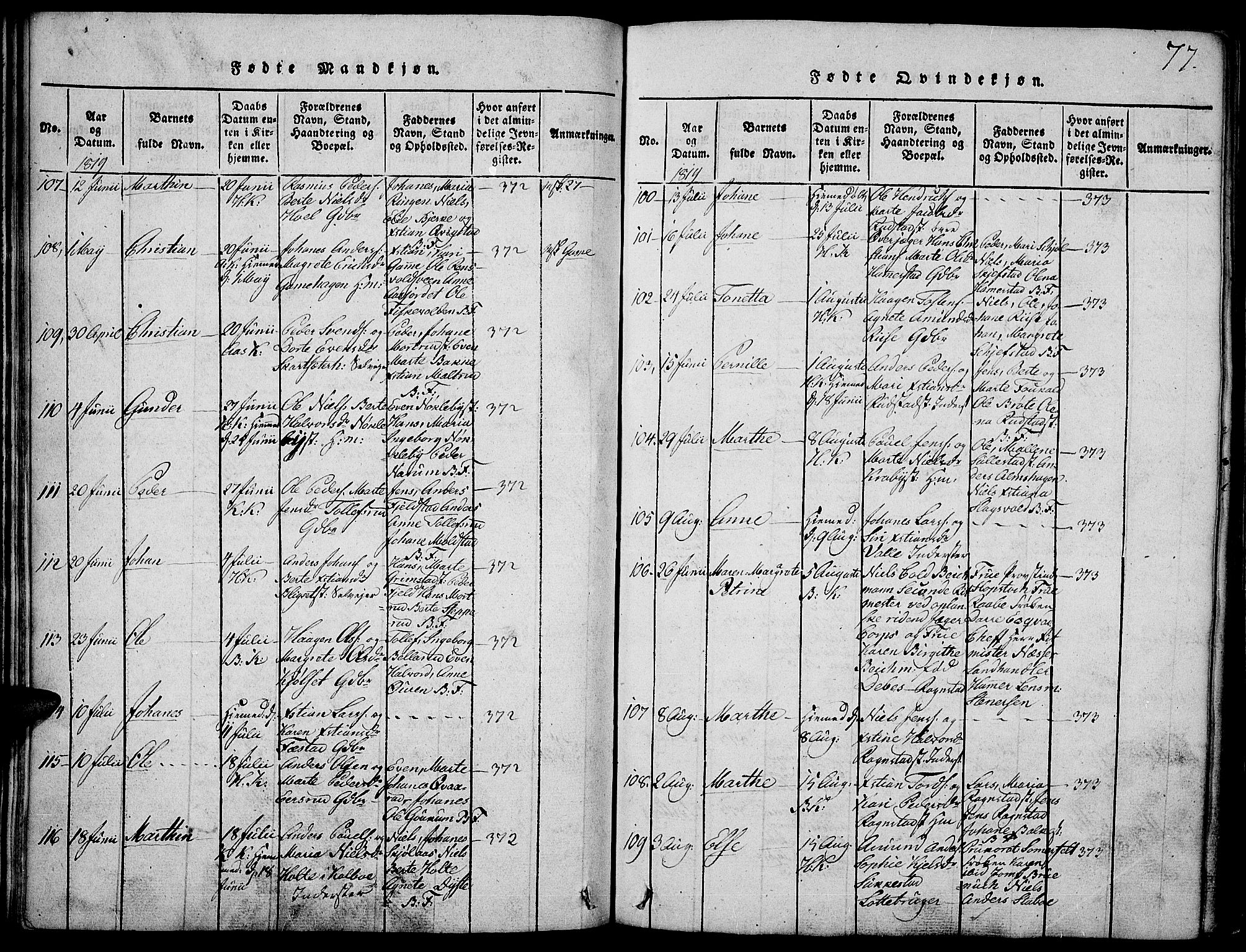 Toten prestekontor, SAH/PREST-102/H/Ha/Haa/L0009: Parish register (official) no. 9, 1814-1820, p. 77