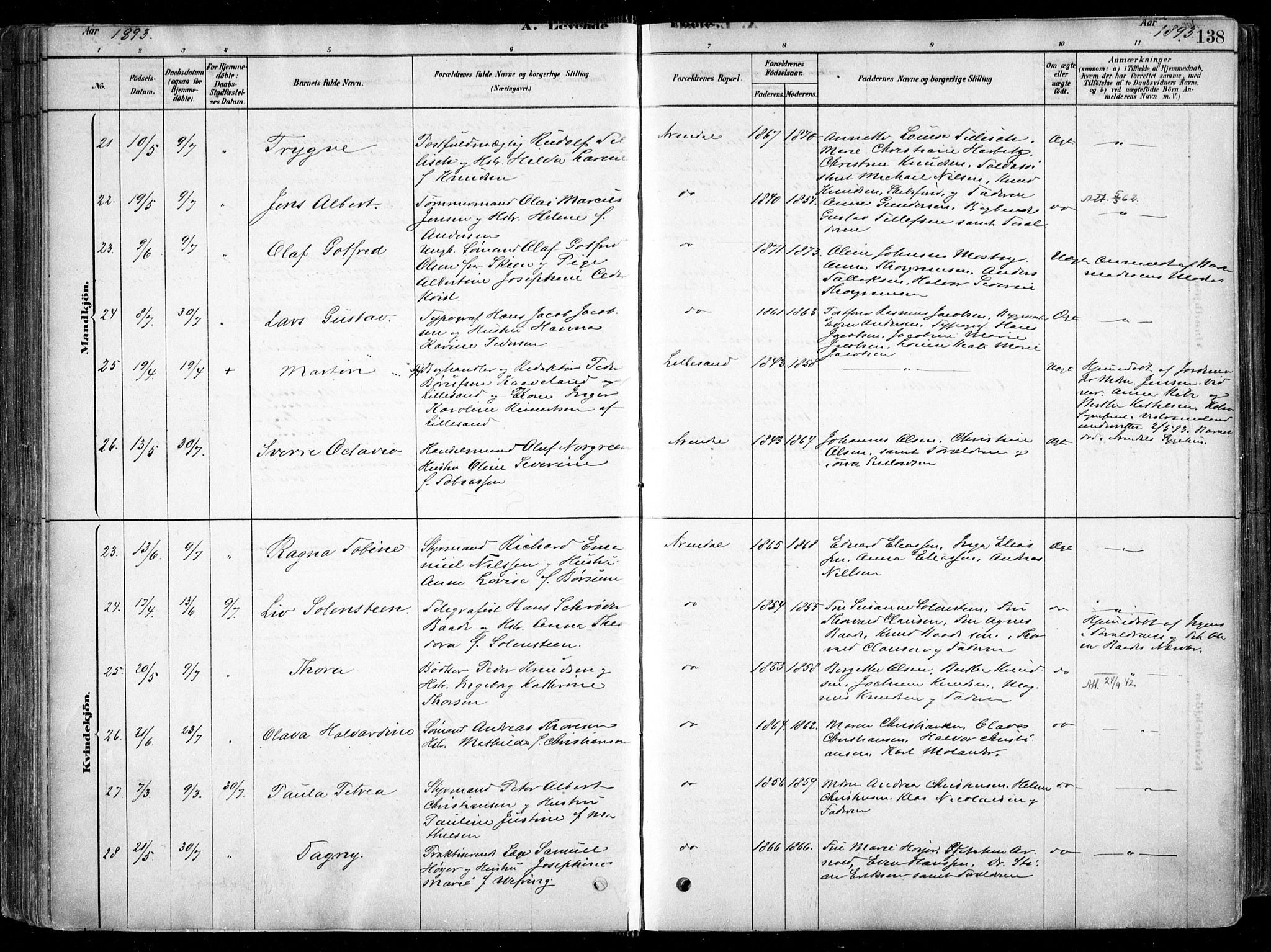 Arendal sokneprestkontor, Trefoldighet, AV/SAK-1111-0040/F/Fa/L0008: Parish register (official) no. A 8, 1878-1899, p. 138