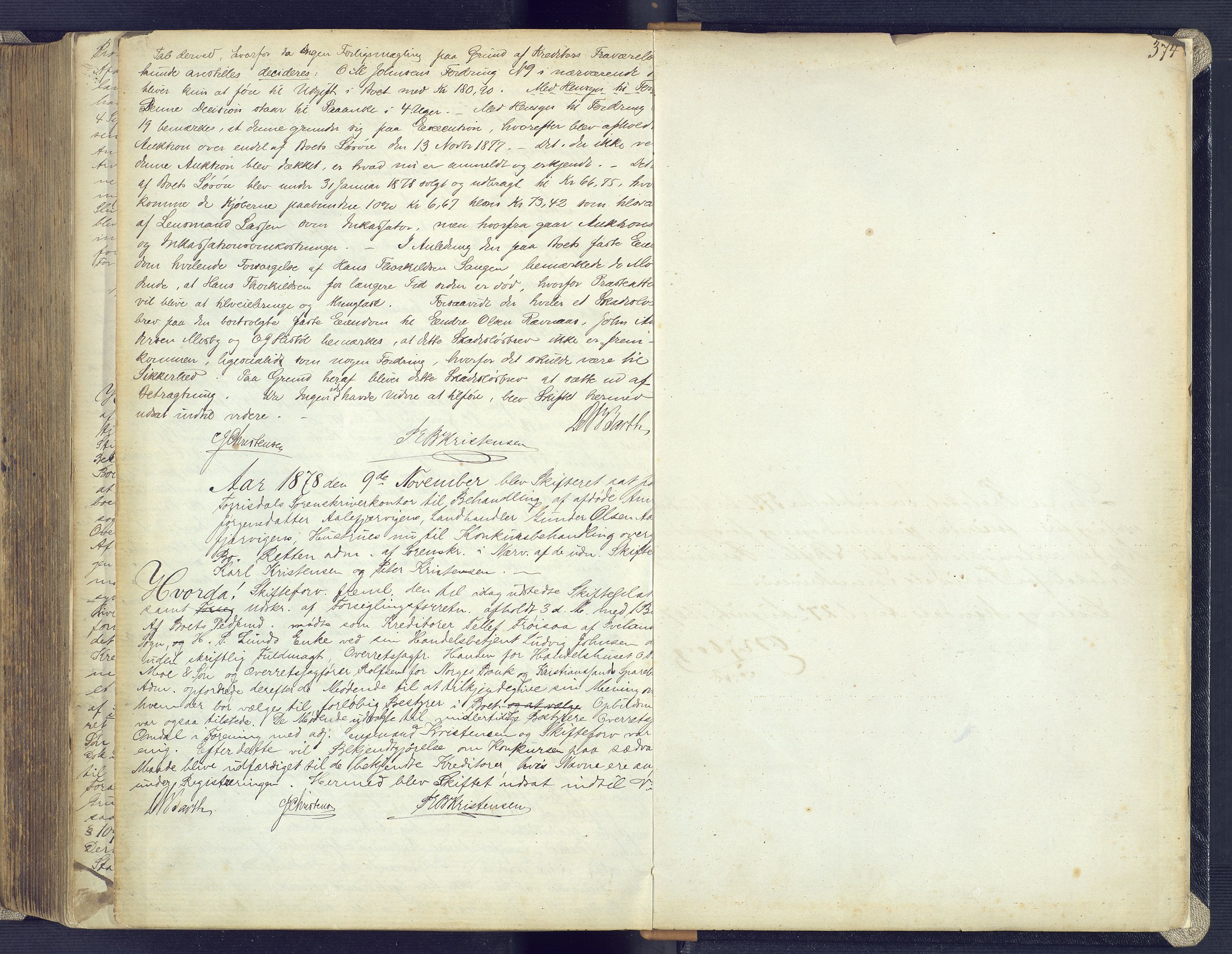 Torridal sorenskriveri, SAK/1221-0012/H/Hc/L0016: Skifteforhandlingsprotokoll med navneregister nr. 2, 1867-1878, p. 374