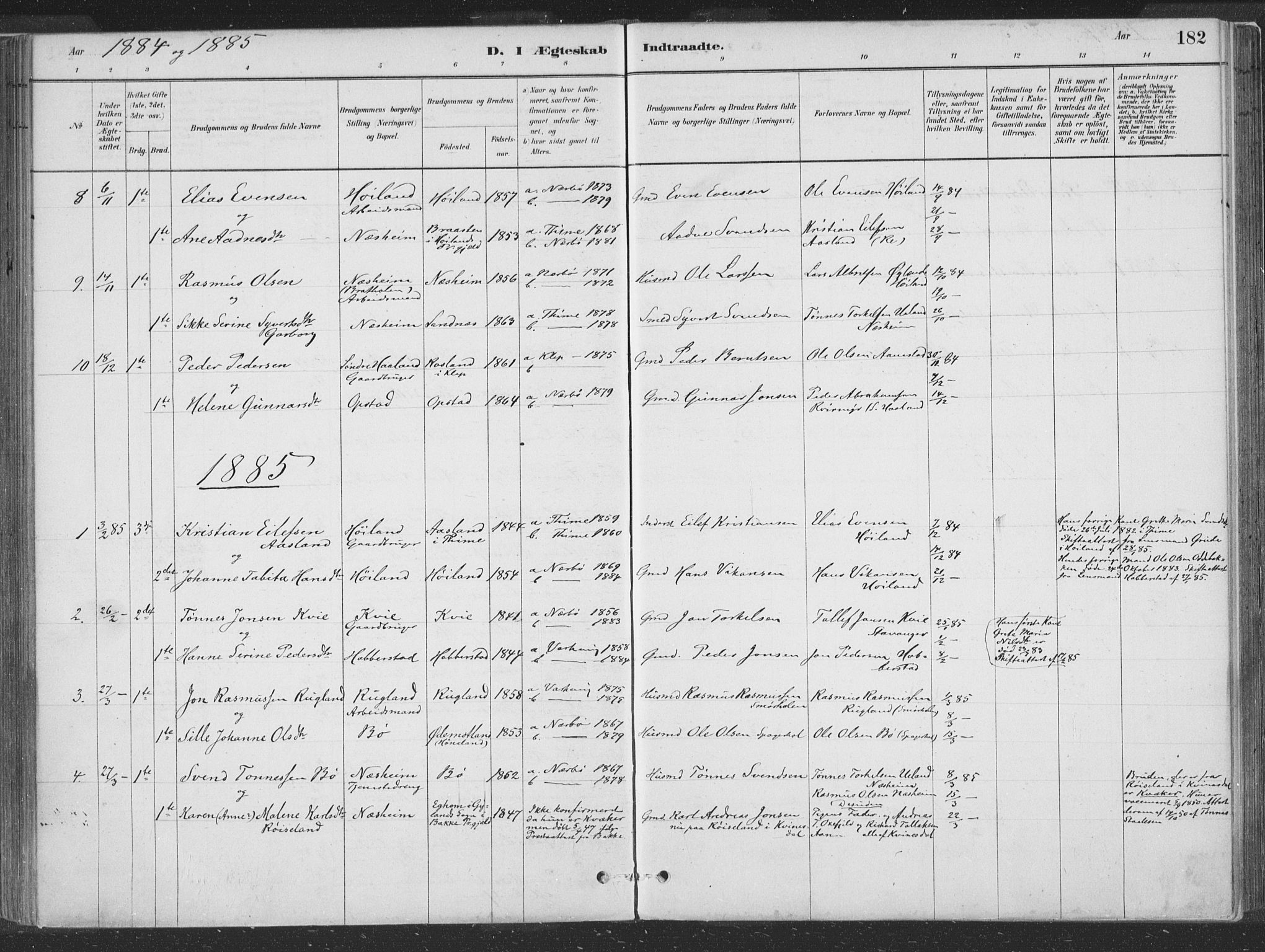 Hå sokneprestkontor, SAST/A-101801/001/30BA/L0010: Parish register (official) no. A 9, 1879-1896, p. 182