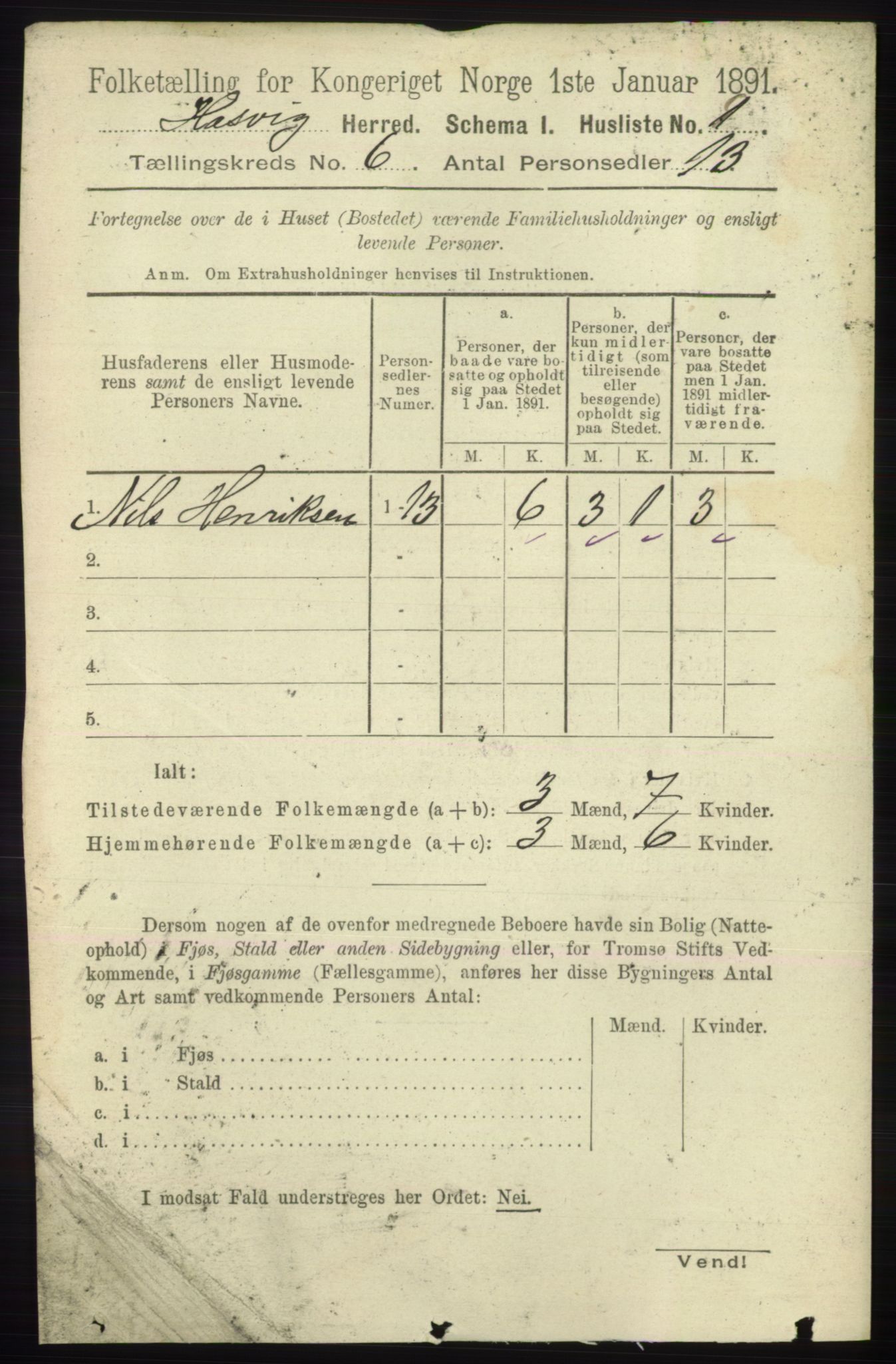 RA, 1891 census for 2015 Hasvik, 1891, p. 863