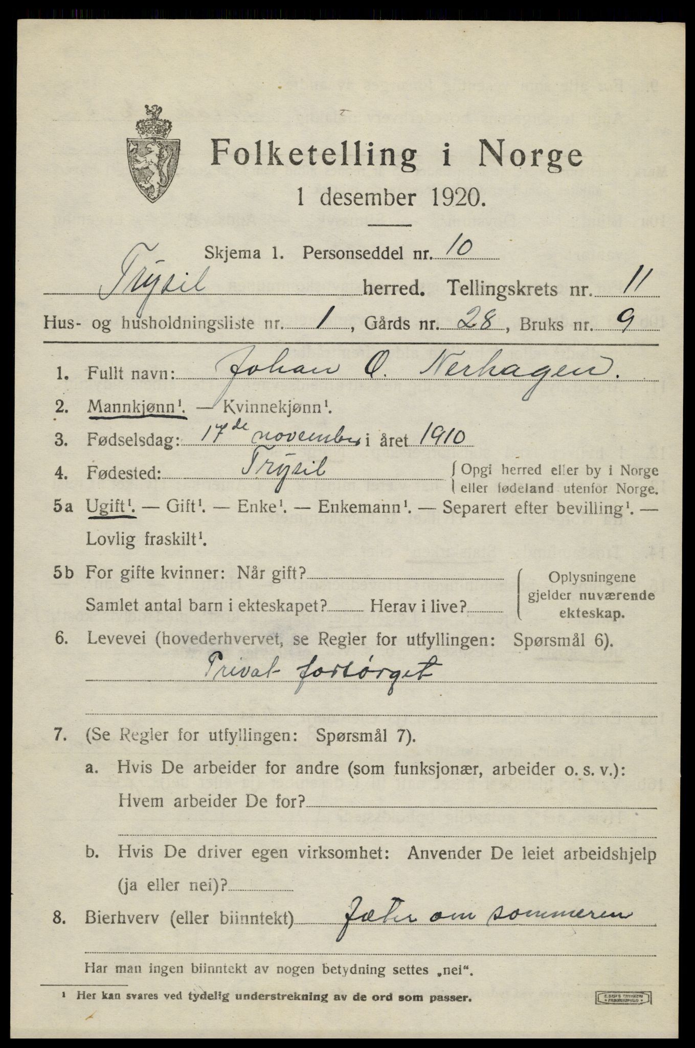 SAH, 1920 census for Trysil, 1920, p. 6975