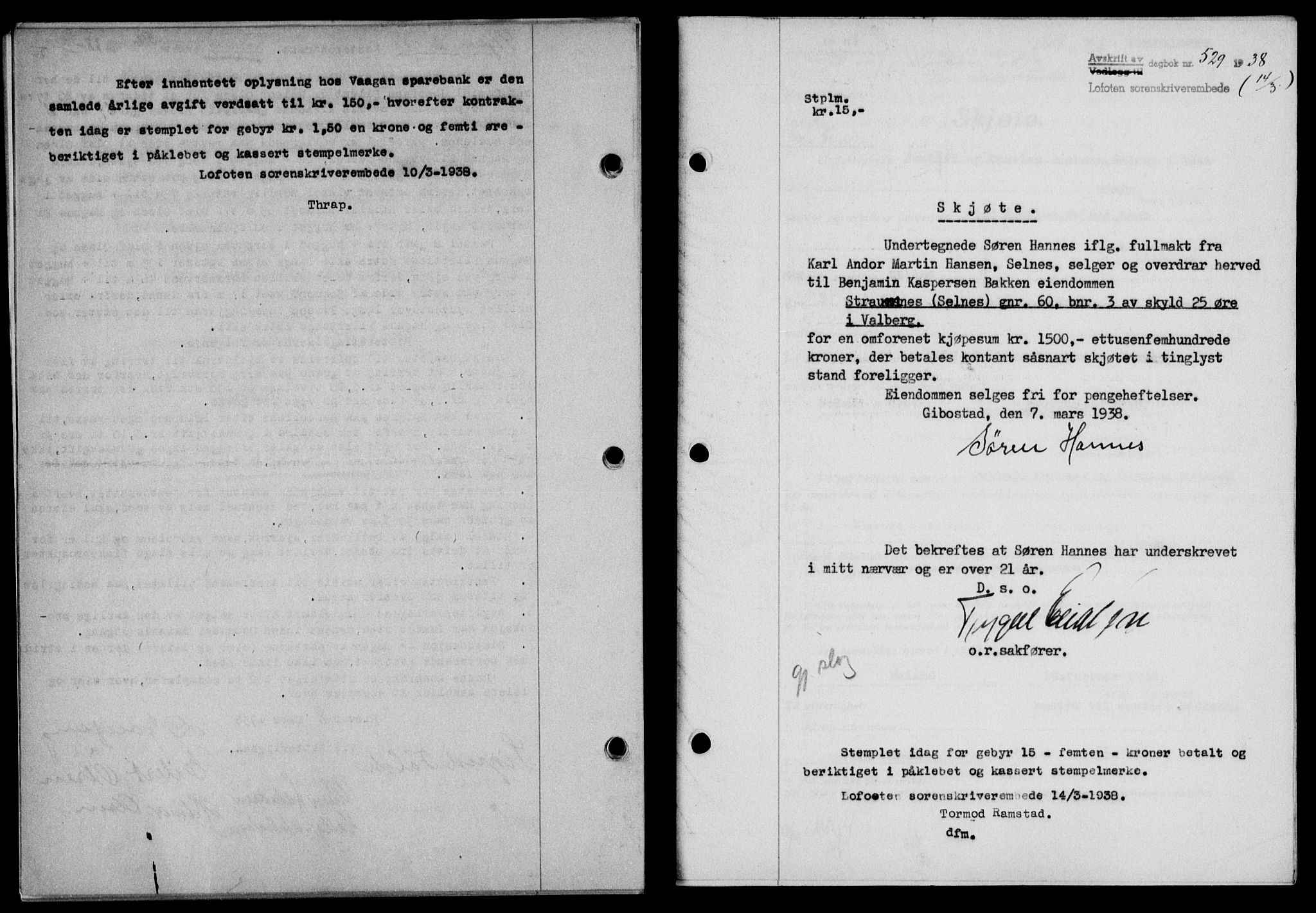 Lofoten sorenskriveri, SAT/A-0017/1/2/2C/L0003a: Mortgage book no. 3a, 1937-1938, Diary no: : 529/1938