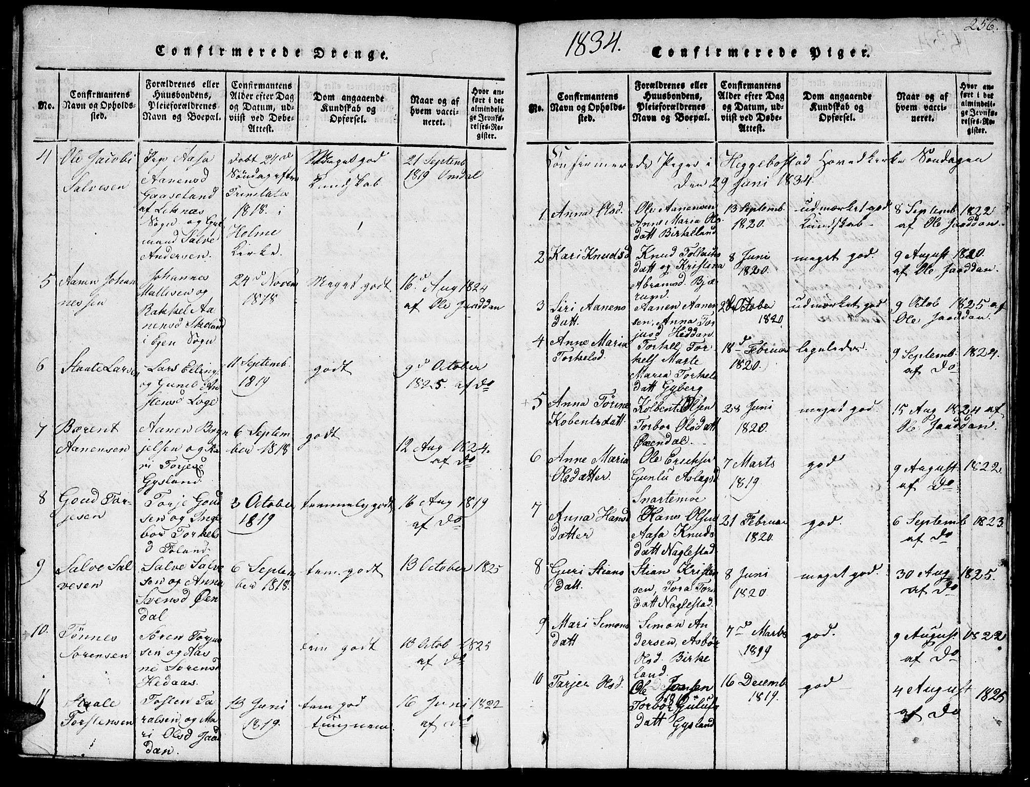 Hægebostad sokneprestkontor, AV/SAK-1111-0024/F/Fb/Fba/L0001: Parish register (copy) no. B 1, 1815-1844, p. 256