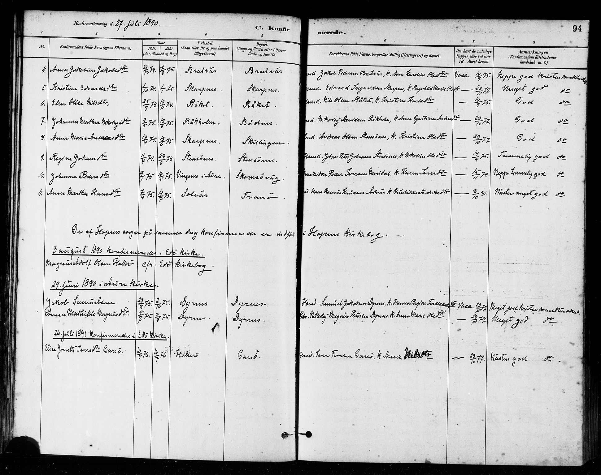 Ministerialprotokoller, klokkerbøker og fødselsregistre - Møre og Romsdal, AV/SAT-A-1454/582/L0947: Parish register (official) no. 582A01, 1880-1900, p. 94