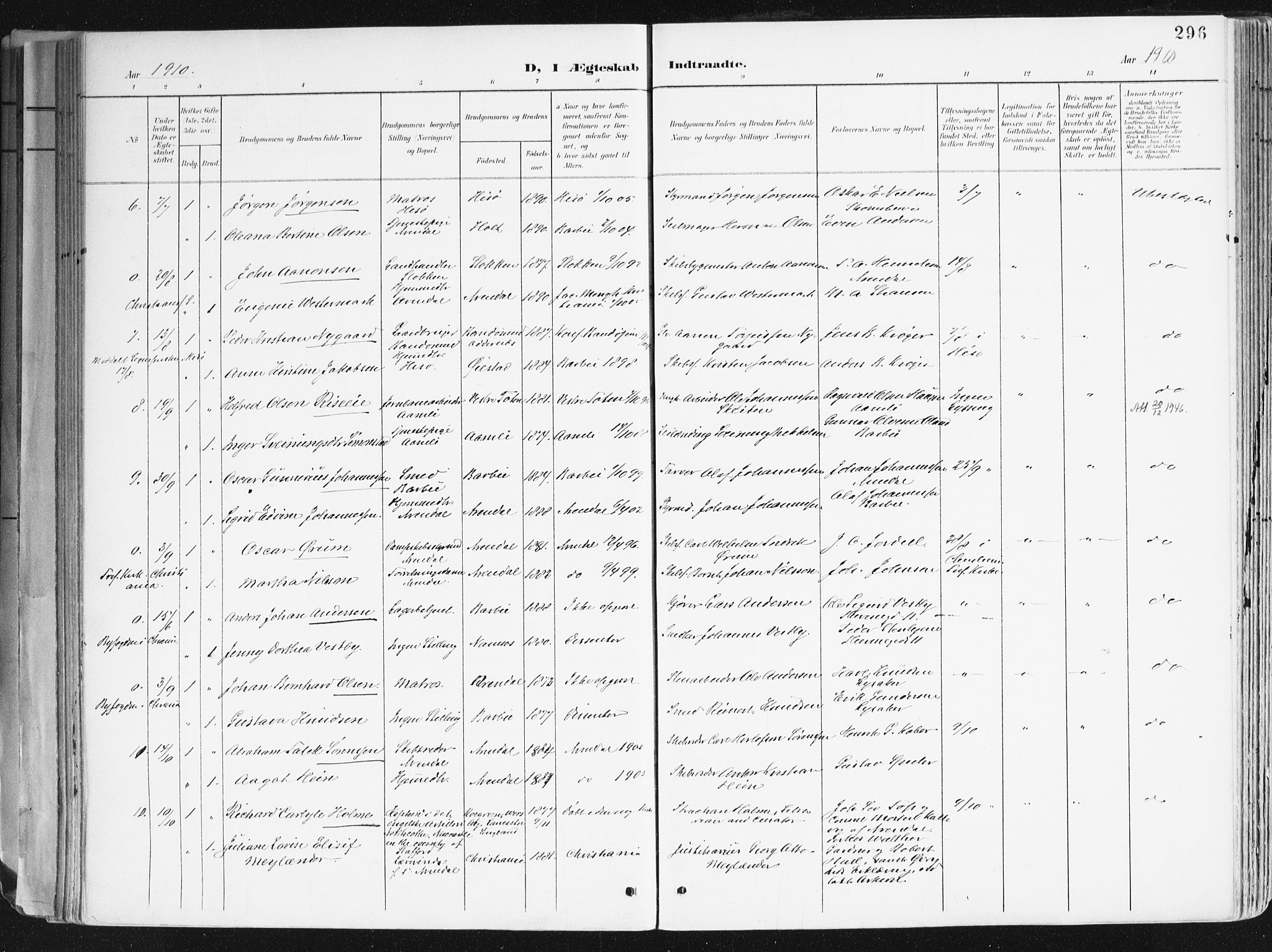 Arendal sokneprestkontor, Trefoldighet, AV/SAK-1111-0040/F/Fa/L0010: Parish register (official) no. A 10, 1900-1919, p. 296