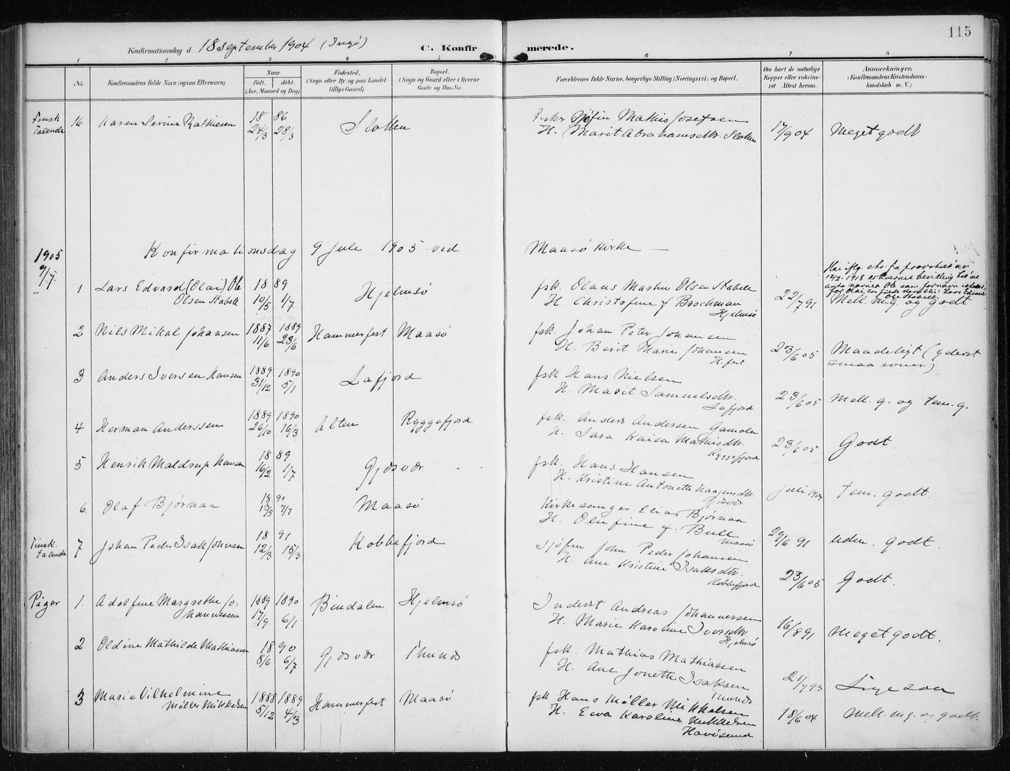 Måsøy sokneprestkontor, SATØ/S-1348/H/Ha/L0009kirke: Parish register (official) no. 9, 1903-1914, p. 115