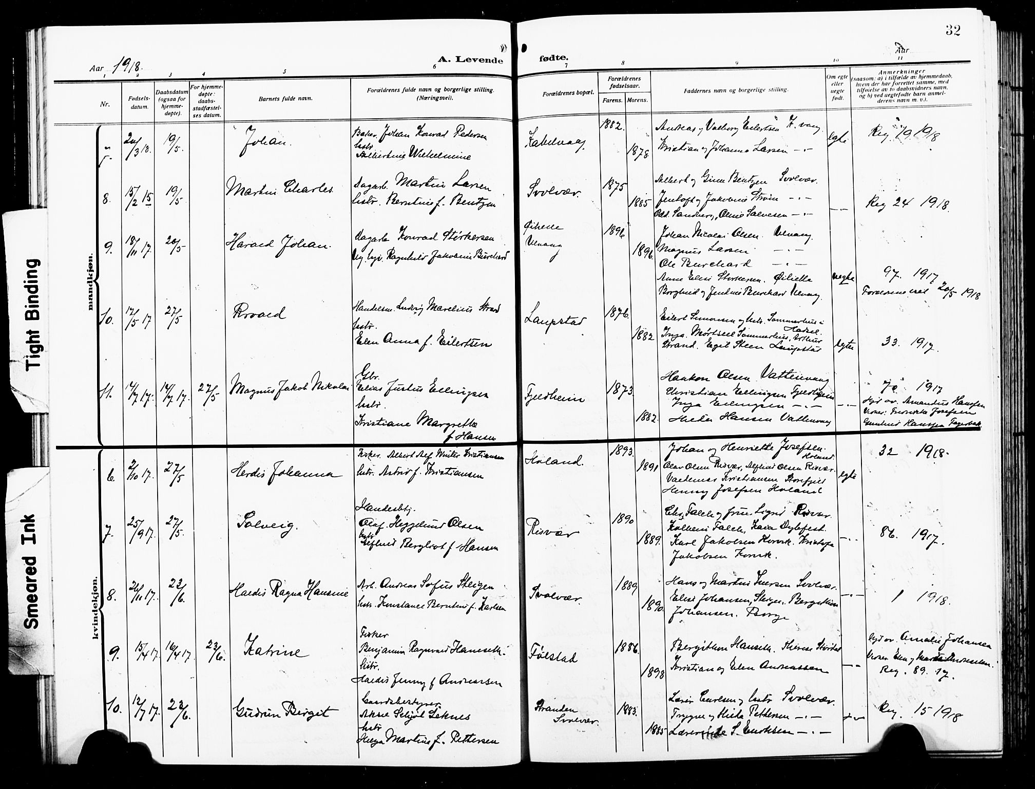 Ministerialprotokoller, klokkerbøker og fødselsregistre - Nordland, AV/SAT-A-1459/874/L1080: Parish register (copy) no. 874C09, 1915-1925, p. 32