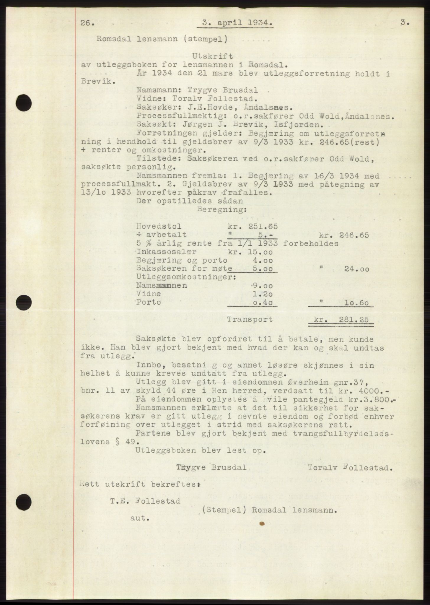 Romsdal sorenskriveri, AV/SAT-A-4149/1/2/2C/L0065: Mortgage book no. 59, 1934-1934, Deed date: 03.04.1934