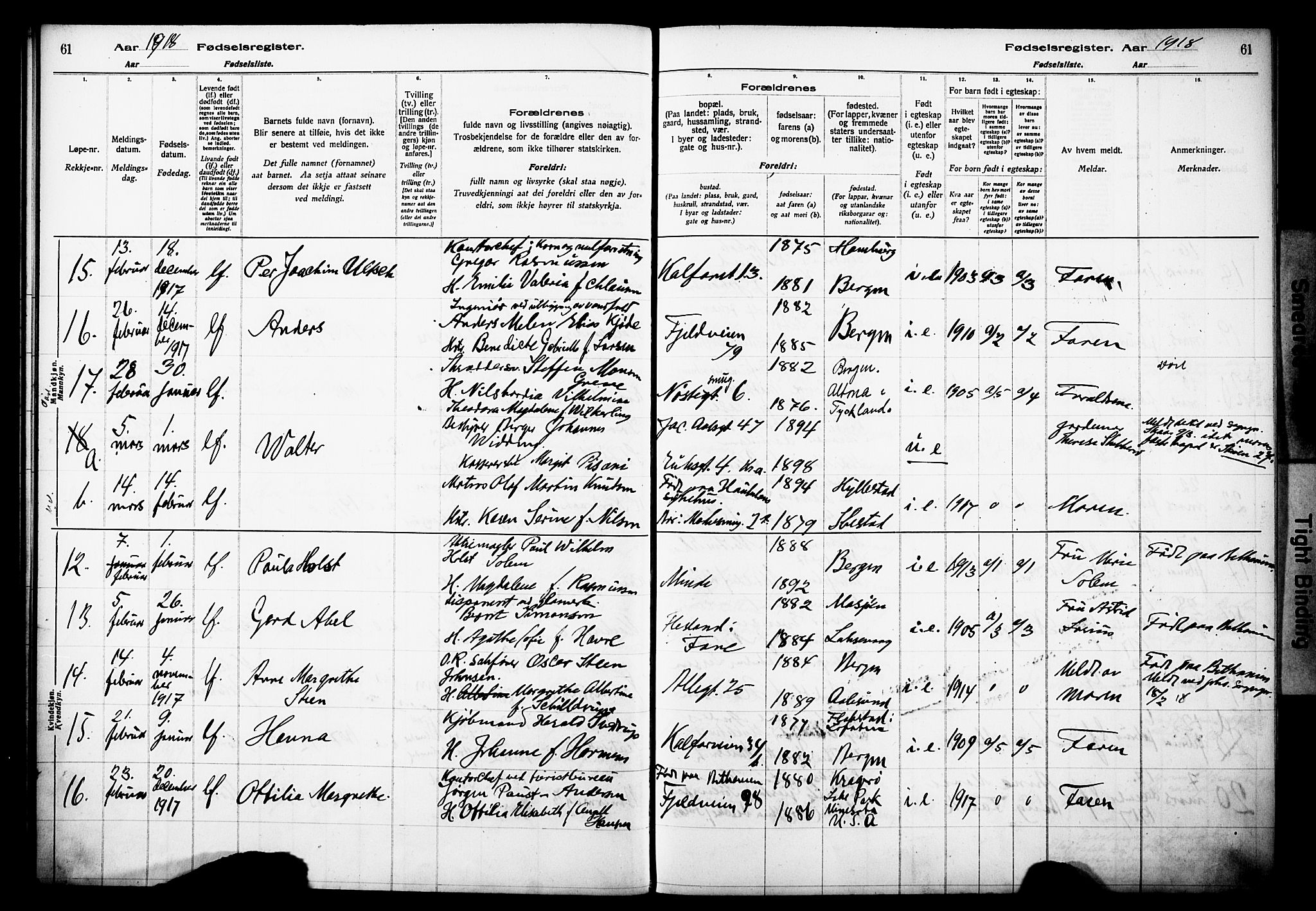 Domkirken sokneprestembete, AV/SAB-A-74801/I/Id/L00A1: Birth register no. A 1, 1916-1923, p. 61