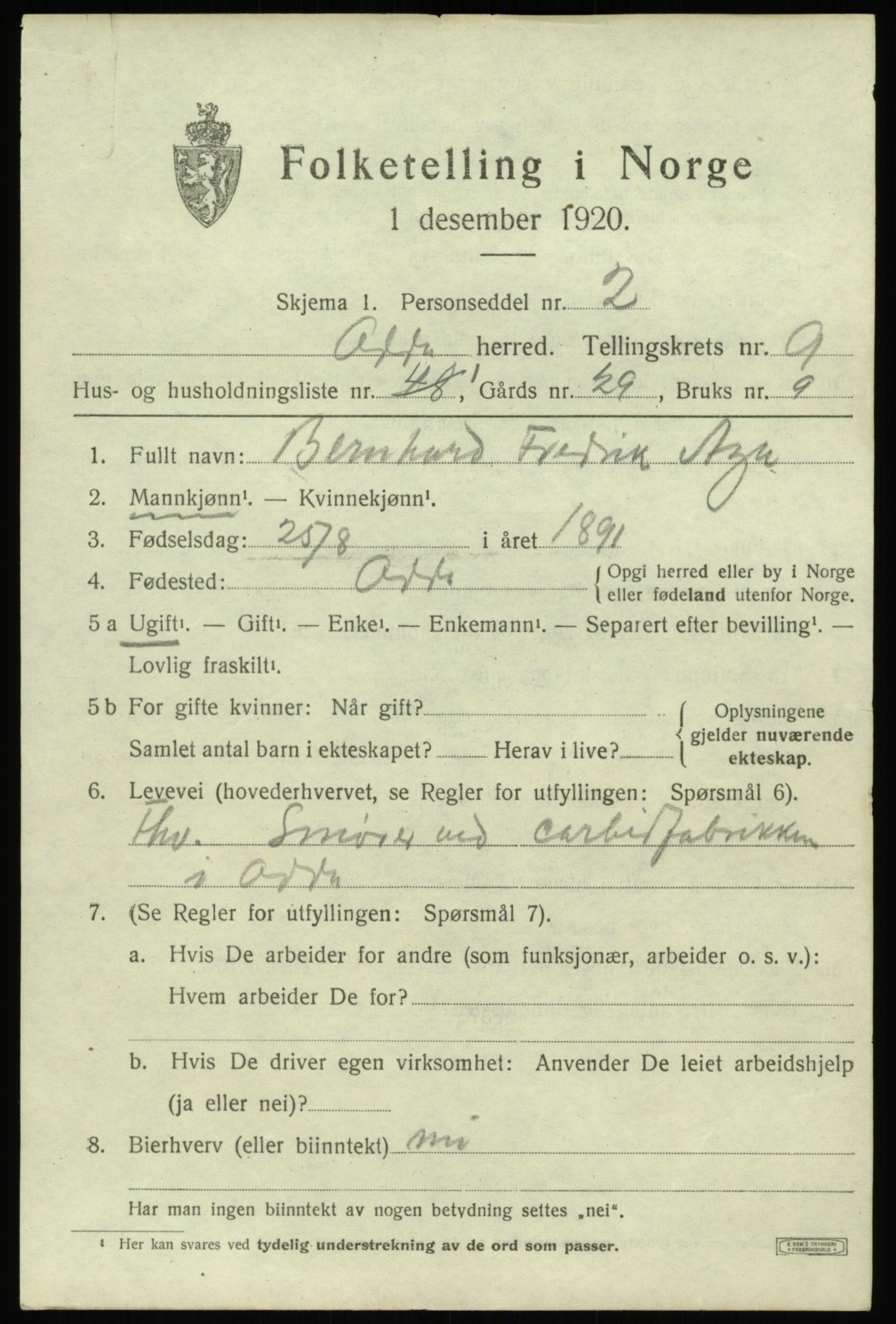 SAB, 1920 census for Odda, 1920, p. 7381
