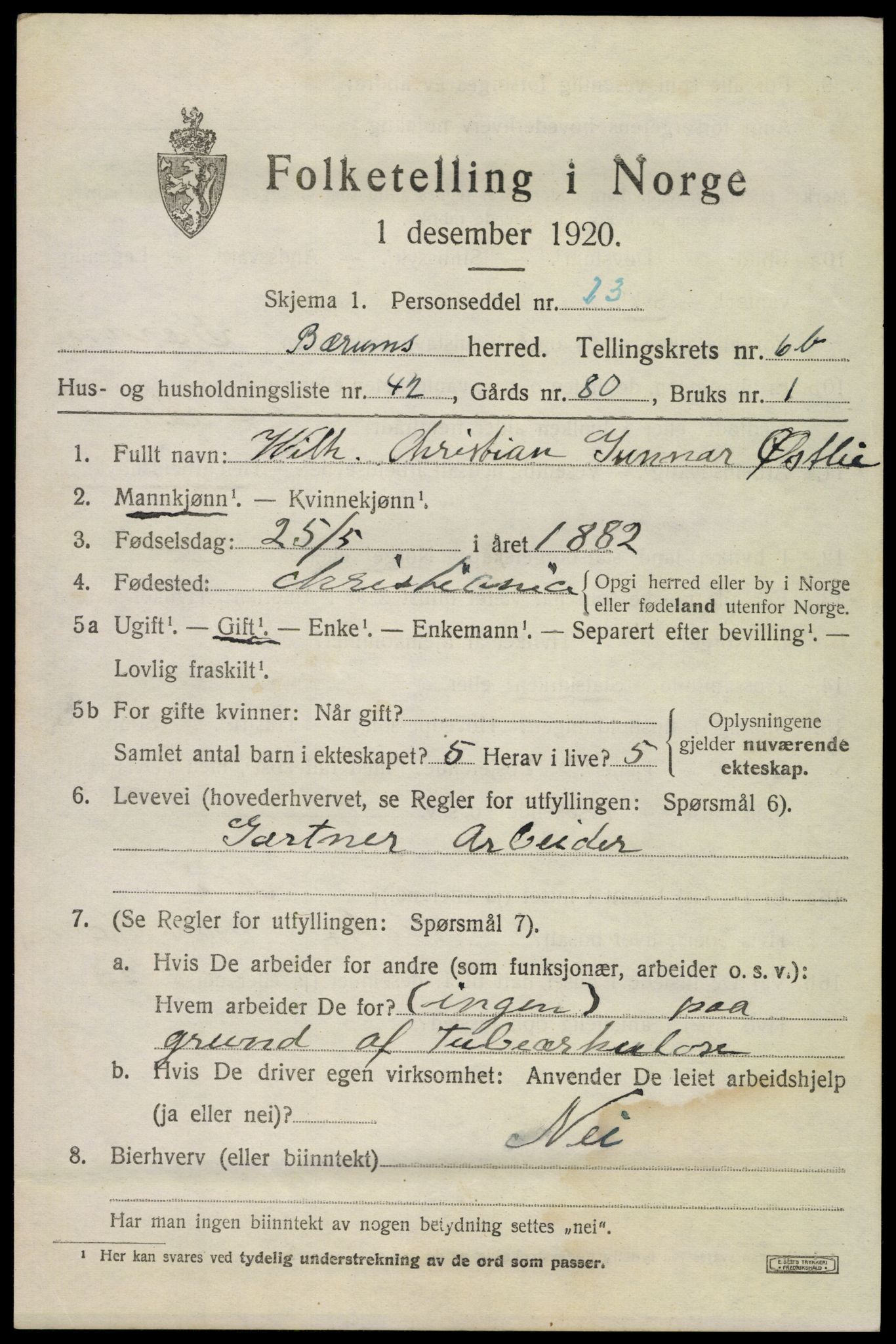 SAO, 1920 census for Bærum, 1920, p. 15014