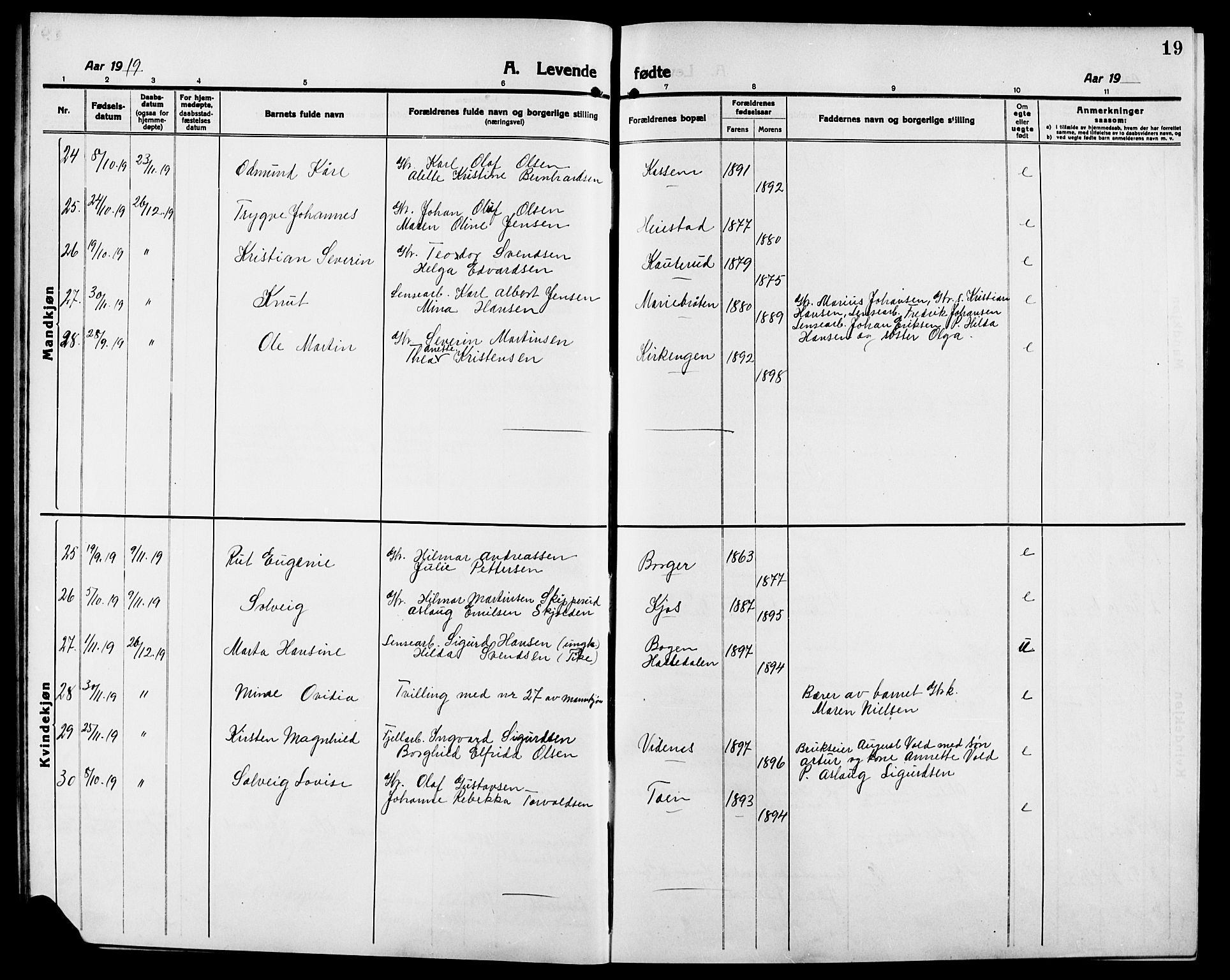 Skiptvet prestekontor Kirkebøker, AV/SAO-A-20009/G/Ga/L0003: Parish register (copy) no. 3, 1916-1924, p. 19