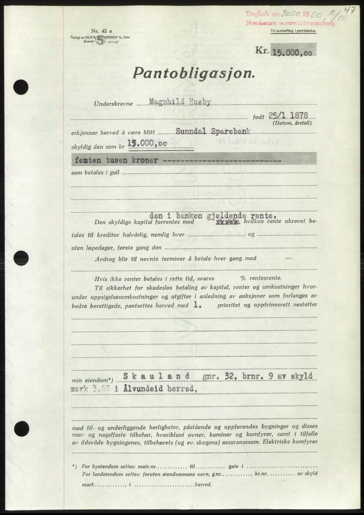 Nordmøre sorenskriveri, AV/SAT-A-4132/1/2/2Ca: Mortgage book no. B106, 1950-1950, Diary no: : 3050/1950