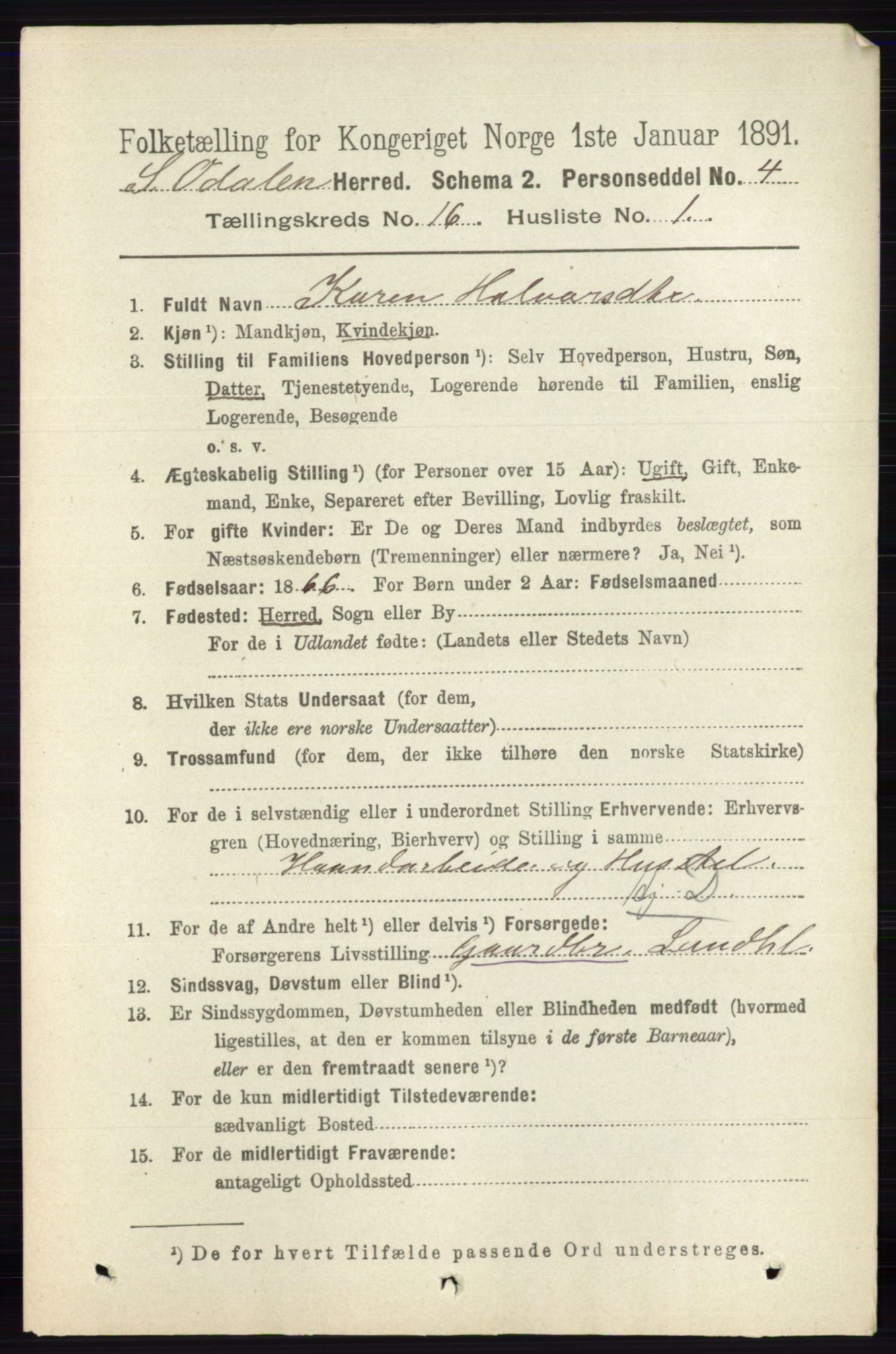 RA, 1891 census for 0419 Sør-Odal, 1891, p. 7273