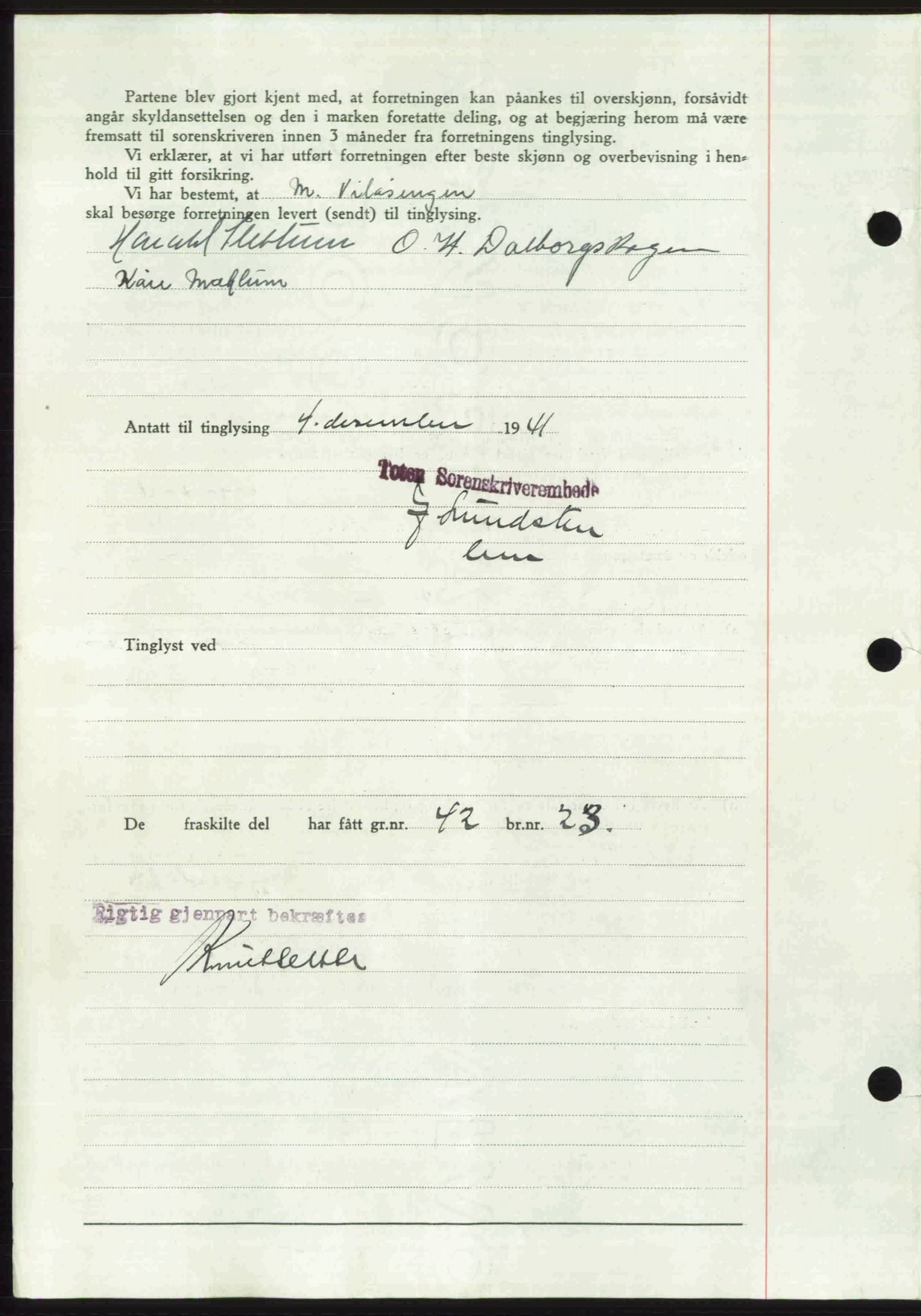 Toten tingrett, SAH/TING-006/H/Hb/Hbc/L0008: Mortgage book no. Hbc-08, 1941-1941, Diary no: : 2387/1941