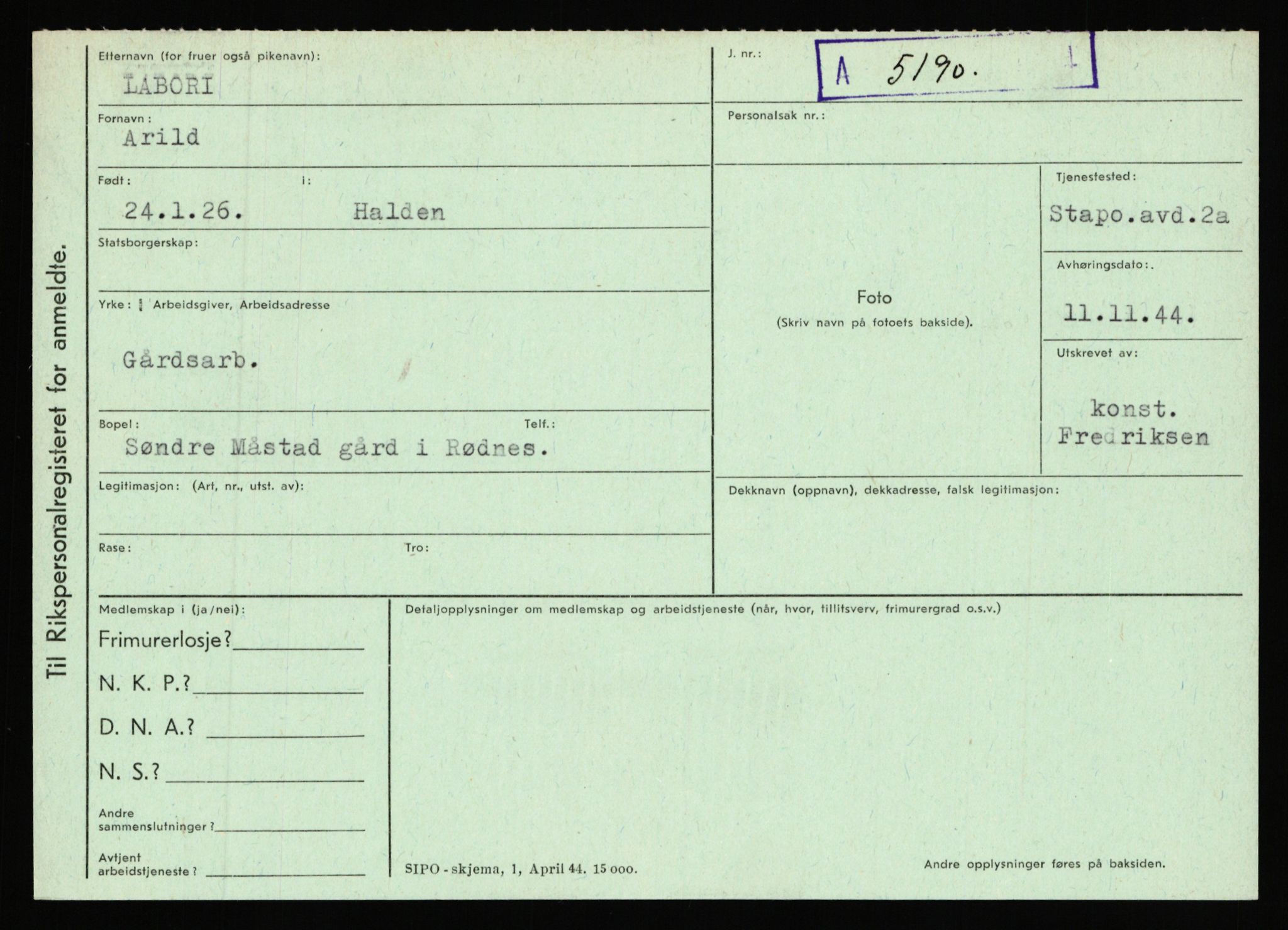 Statspolitiet - Hovedkontoret / Osloavdelingen, AV/RA-S-1329/C/Ca/L0009: Knutsen - Limstrand, 1943-1945, p. 2516