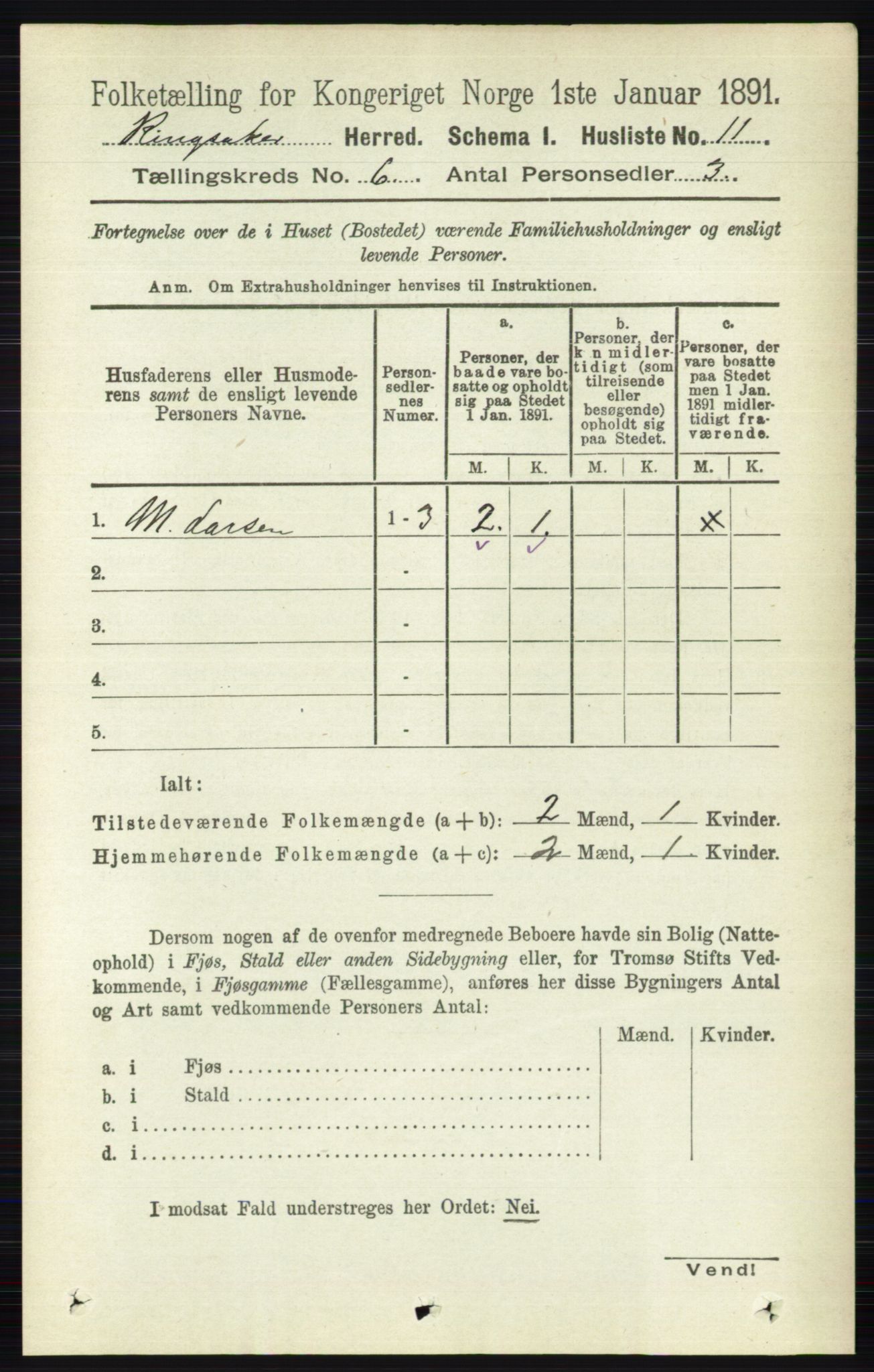 RA, 1891 census for 0412 Ringsaker, 1891, p. 3096