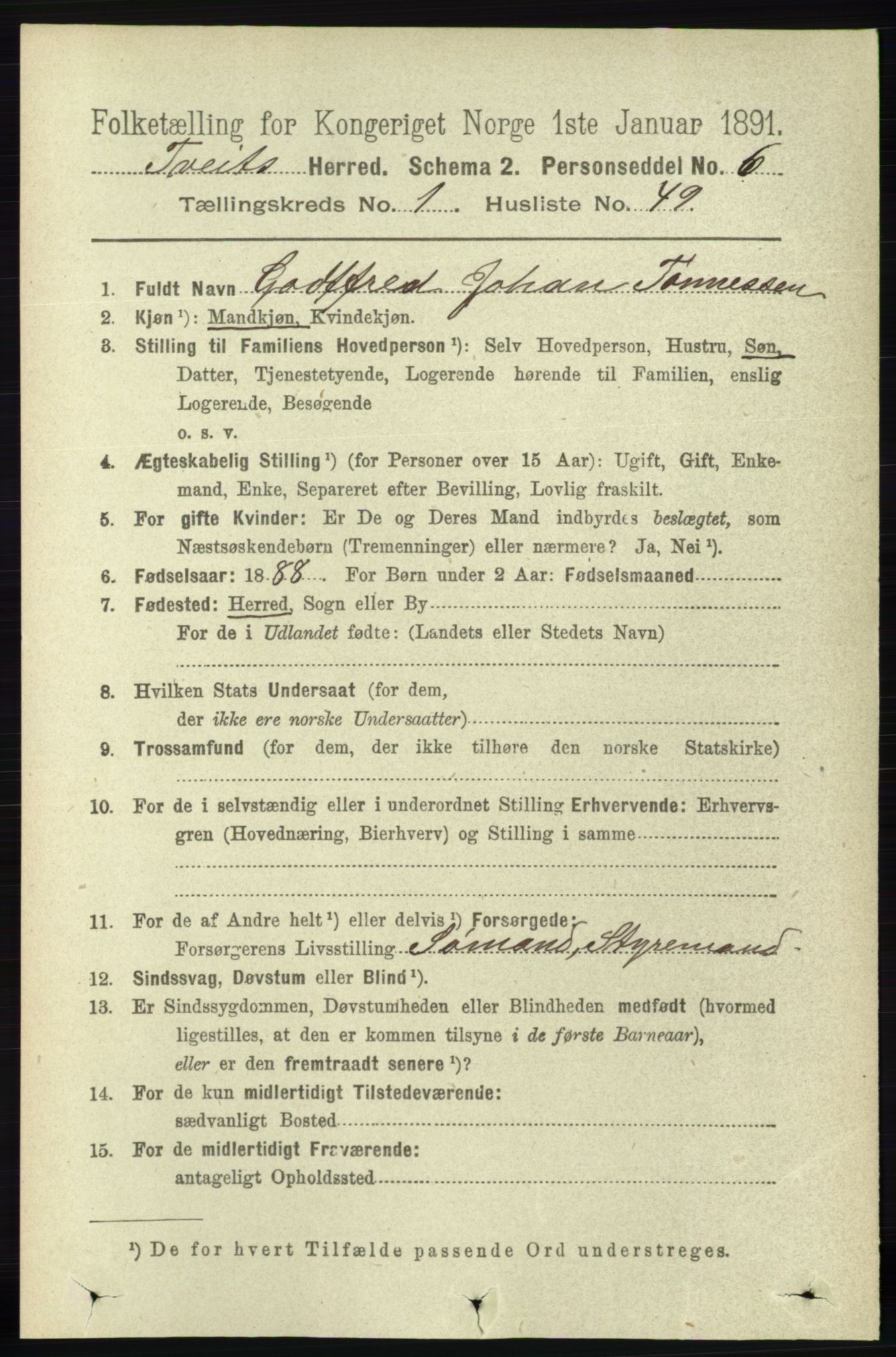 RA, 1891 census for 1013 Tveit, 1891, p. 325