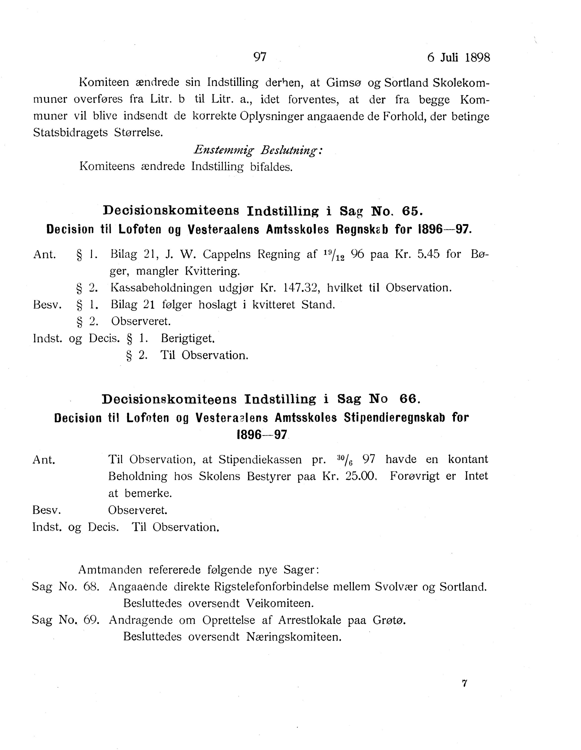 Nordland Fylkeskommune. Fylkestinget, AIN/NFK-17/176/A/Ac/L0021: Fylkestingsforhandlinger 1898, 1898