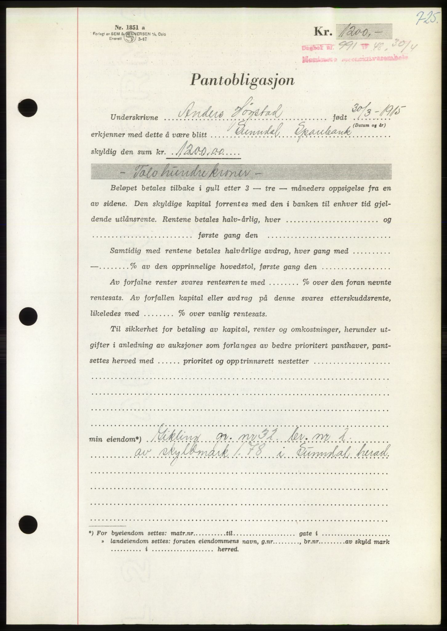 Nordmøre sorenskriveri, AV/SAT-A-4132/1/2/2Ca: Mortgage book no. B98, 1948-1948, Diary no: : 991/1948